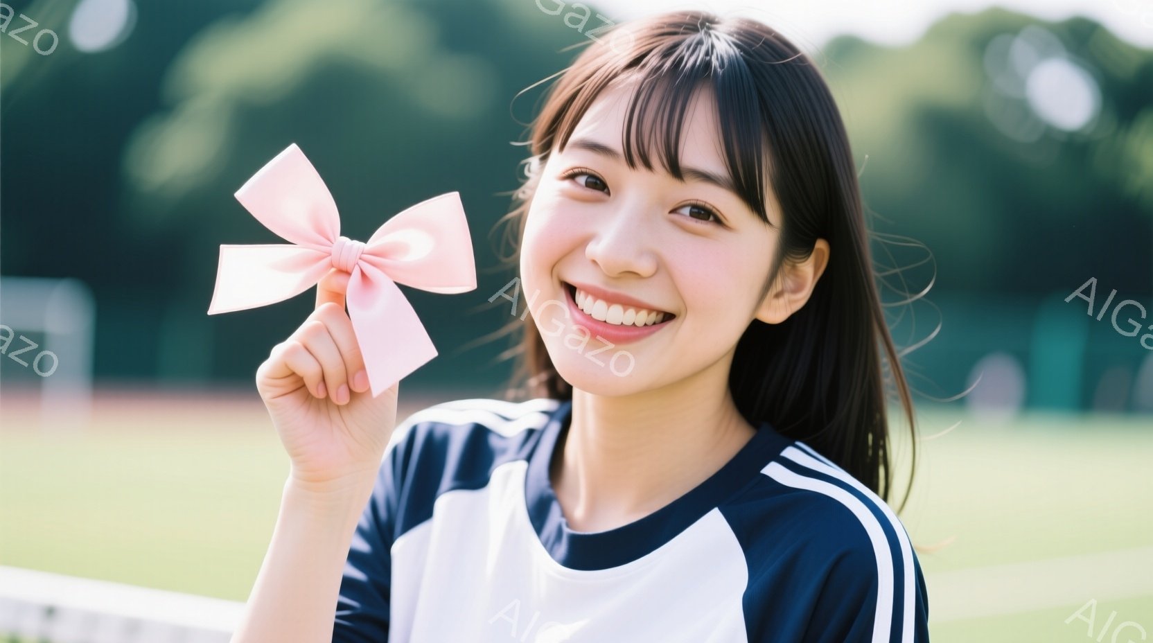 紺と白のストライプが特徴的なスポーツウェアを着た若い女性が、笑顔でピンクのリボンを手に持っています。彼女は長い黒髪で、少し微笑んでおり、背景には緑の芝生とサッカーコートが見えます。全体的に明るく、爽やかな雰囲気で、晴れた日の屋外で撮影されたようです。