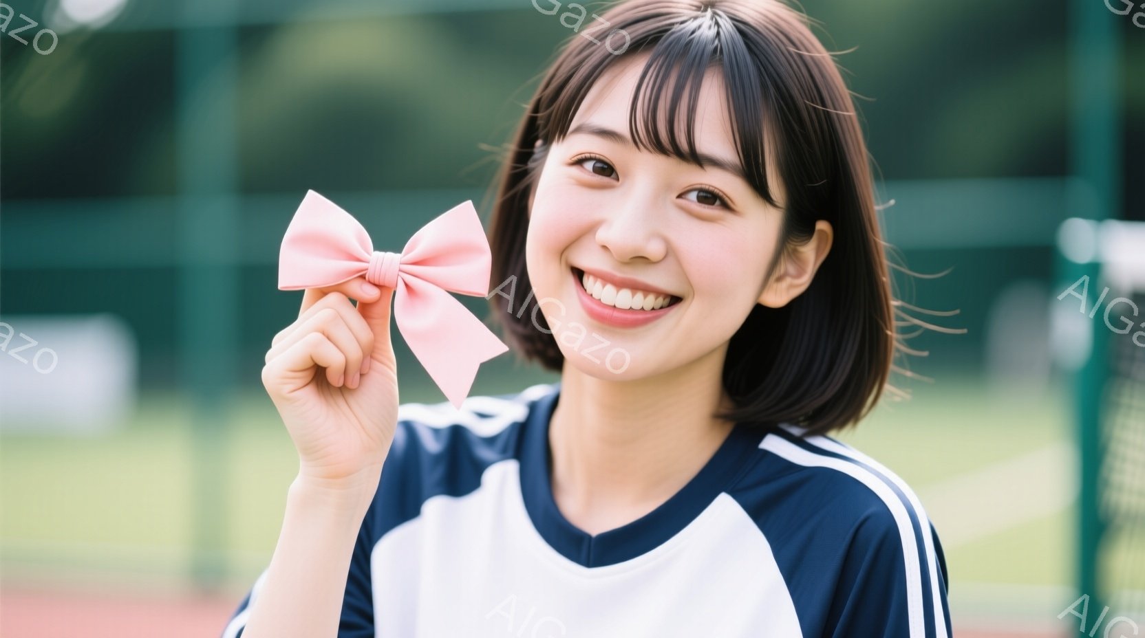 若い女性が、ピンクのリボンを片手に持ち、カメラに向かって微笑んでいます。彼女はネイビーと白のスポーツウェアを着ており、肩までの長さの茶髪で、前髪は眉毛にかかっています。背景にはテニスコートのような赤いトラックと緑のフェンスが見え、明るい晴天の日のように見えます。