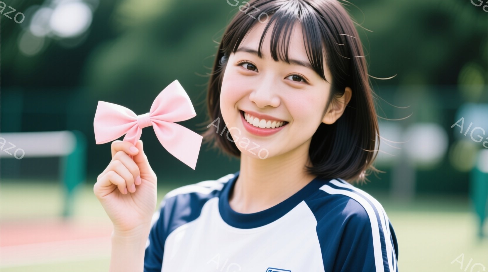 ショートヘアの女性が、ピンクのリボンを手に笑顔でこちらを見ている。紺と白のスポーツウェアを着ており、背景には緑の芝生とテニスコートらしき場所が見える。明るい日差しの中で、快活で元気な雰囲気が伝わってくる。