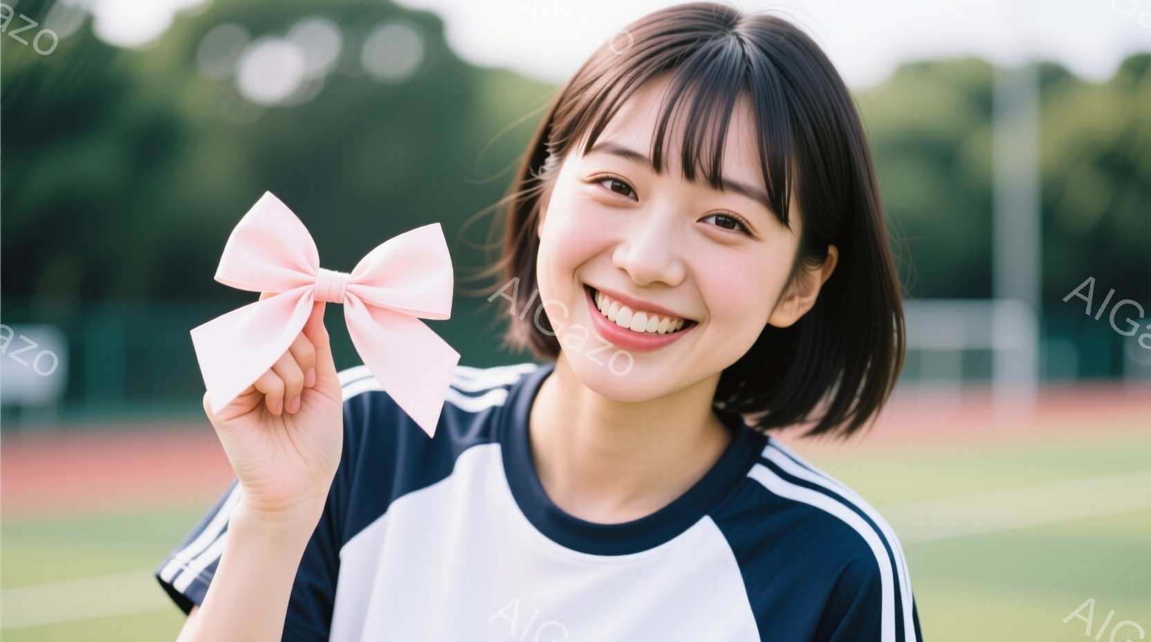 短い茶色の髪で、前髪を少し長めに残した女性が、白い背景に黒のラインが入ったスポーツウェアを着ています。彼女は満面の笑みを浮かべ、片手にピンクのリボンを持ってカメラを見ています。背景には赤いランニングトラックと緑の木々が見え、晴れた日の屋外で撮影された様子が伺えます。