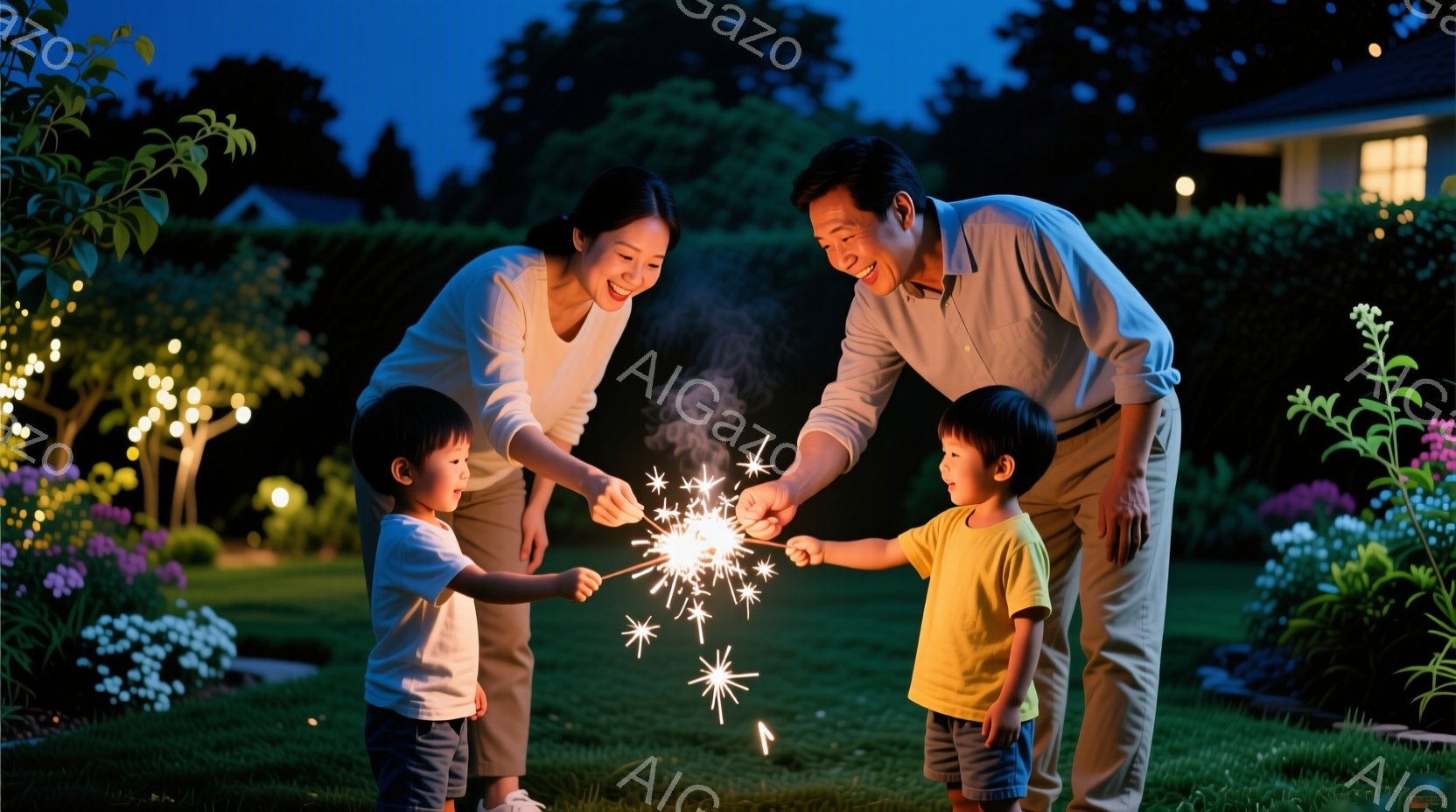 庭で花火を楽しむ家族の様子が写っている。母親は白いTシャツとスカートを身につけ、父親は白いシャツとズボンを着用しており、それぞれ笑顔で子供たちを見守っている。子供たちは短パンとTシャツを着ており、点火した花火を嬉しそうに見つめている庭には花が咲き乱れ、背景には家と木々が見え、夜空は薄暗く、温かい雰囲気が漂っている。
