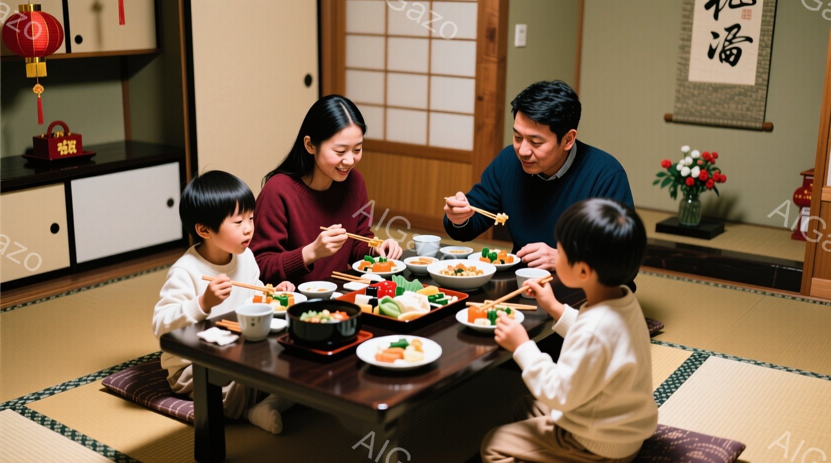 畳の上に座り、家族が食卓を囲んでいます。母親は黒髪を後ろにまとめ、笑顔で箸で料理を取っています。父親と二人の子供も同様に座って食事を楽しみ、和やかな雰囲気が漂っています。