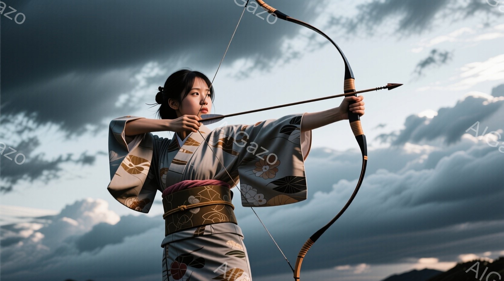 少女は、薄紫とクリーム色の花柄の着物を着用し、弓を構えています。髪は後ろで結い上げ、凛々しい表情で視線は遠くの目標を見つめています。背景には、厚い雲が広がる空と、ぼんやりとした山の稜線が確認でき、全体的に力強く、静謐な雰囲気を醸し出しています。
