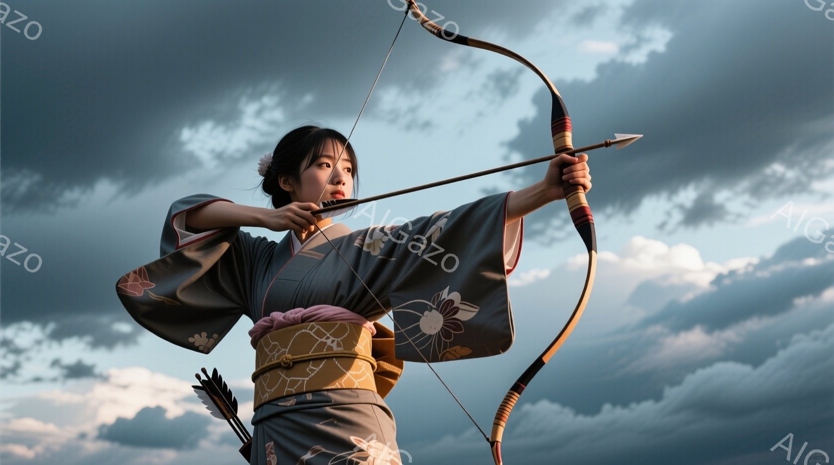 紺色の地に白と黄色の花模様が描かれた着物を着た女性が、弓を引き、矢を射る準備をしている。彼女の髪は後ろでまとめられ、顔は真剣な表情で、集中して目標を見据えている。背景には、白雲が広がる空が広がっており、力強く美しい雰囲気を作り出している。
