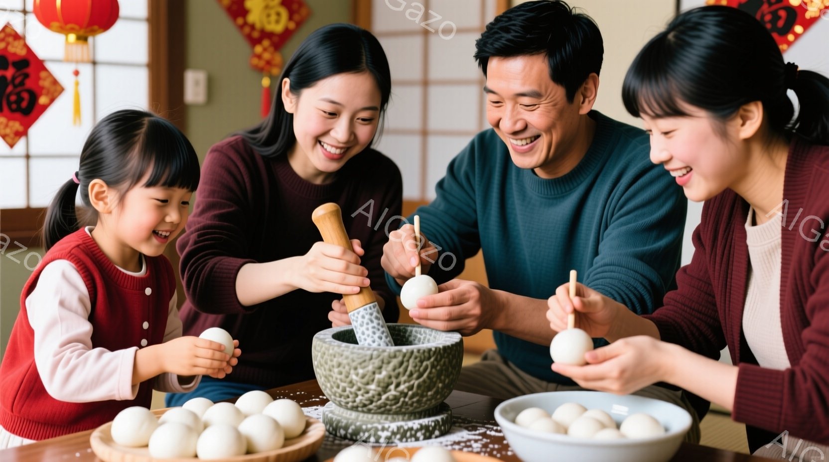 家族四人が楽しそうに団子作りをしている写真です。母親と娘は赤い衣装を着て笑顔を見せ、父親と息子は白いシャツを着て団子を丸めています。背景には赤い提灯が飾られ、温かく家庭的な雰囲気が漂っています。
