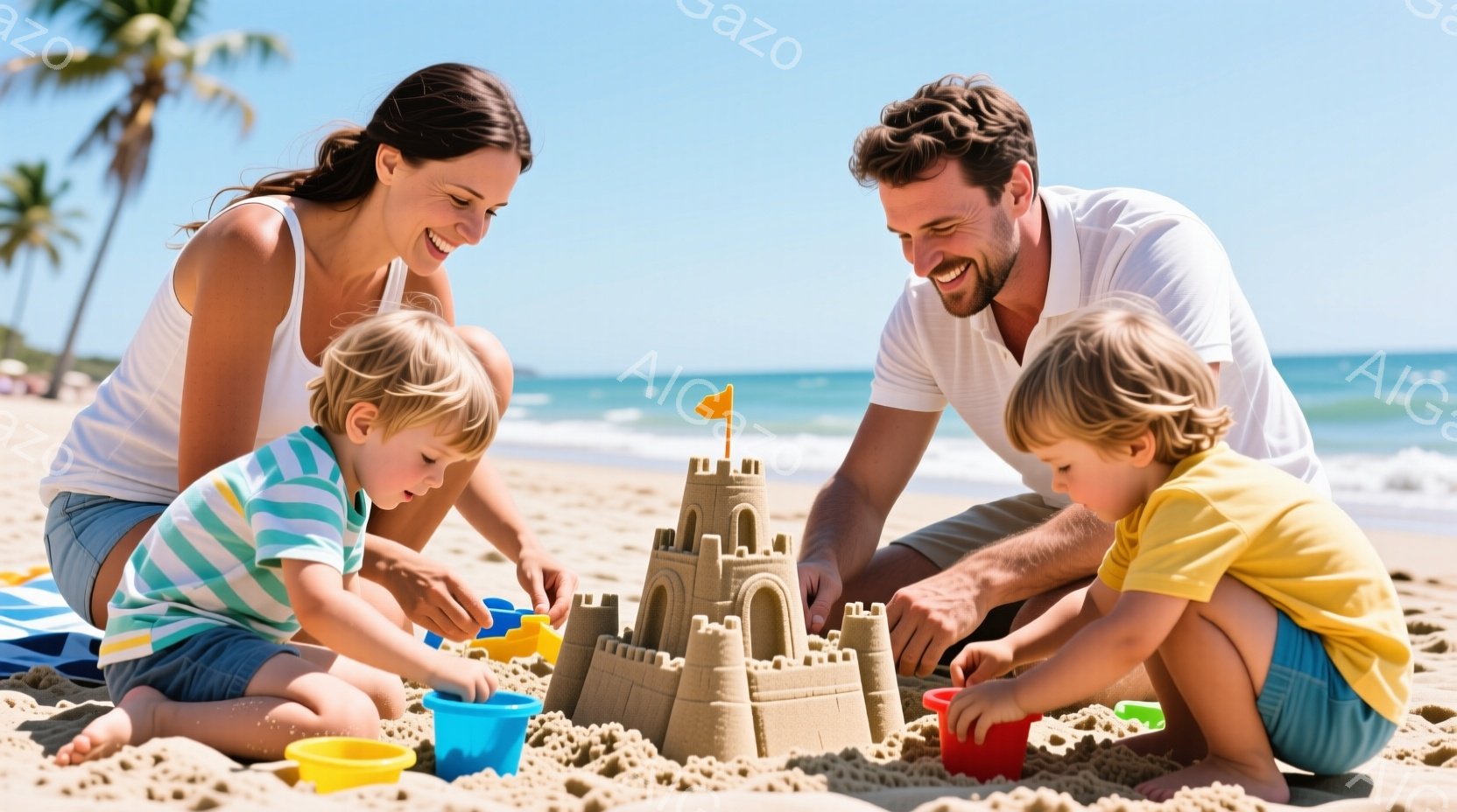 砂浜で家族が砂の城を作っている様子が写っている。母親は白いタンクトップとショートパンツを着ており、息子と一緒に砂の城を飾り、笑顔を見せている。父親はグレーのショートパンツを着て、別の息子の横に座り、砂の城の建設を手伝い、楽しそうに笑っている。