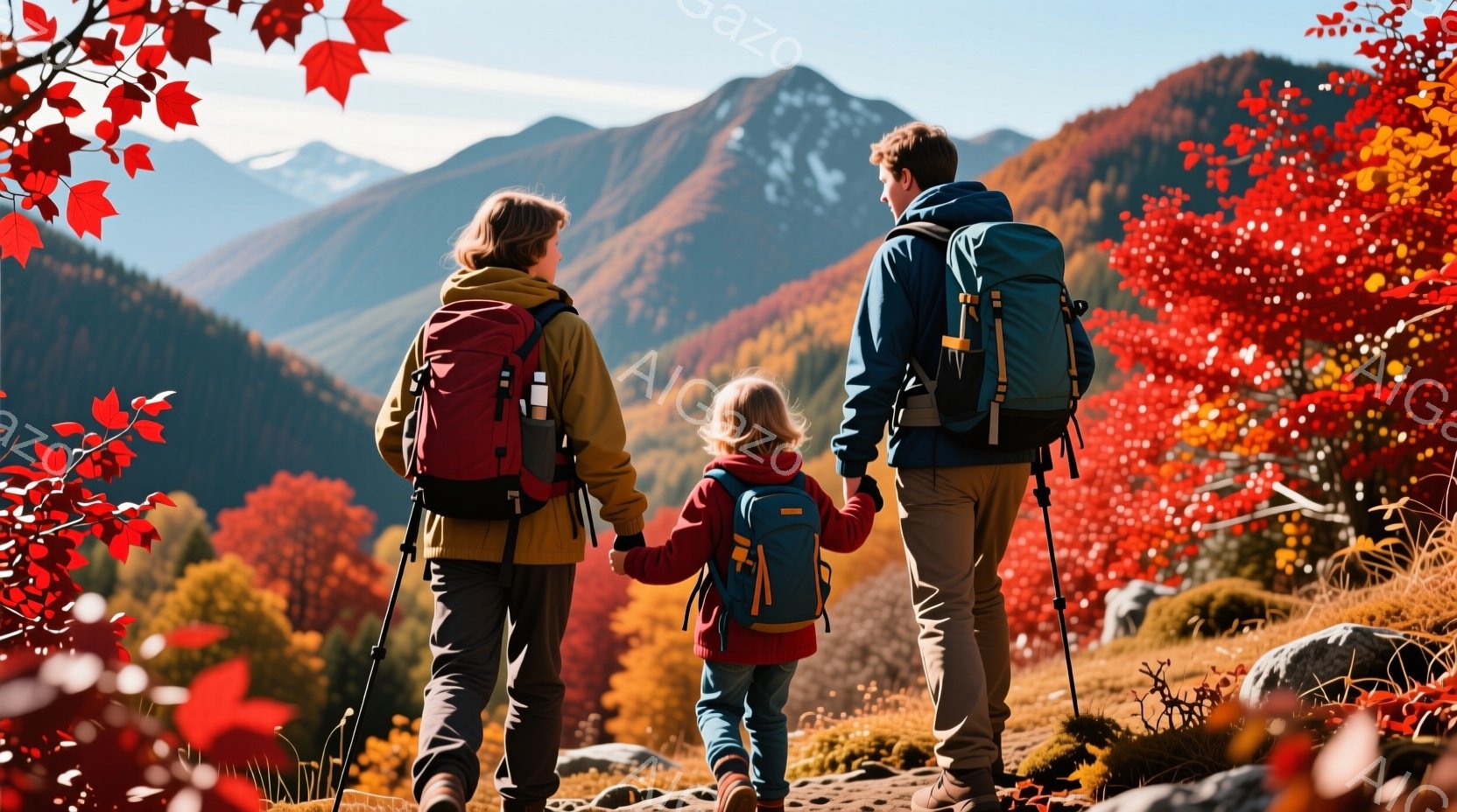 鮮やかな秋色の山々を背景に、ハイキングを楽しむ家族が写っている。母親は黄色のジャケット、父親と子供はそれぞれ青色と赤色のジャケットを着用し、大きなバックパックを背負って手をつないで山道を歩いている。背 - AI生成フリー素材