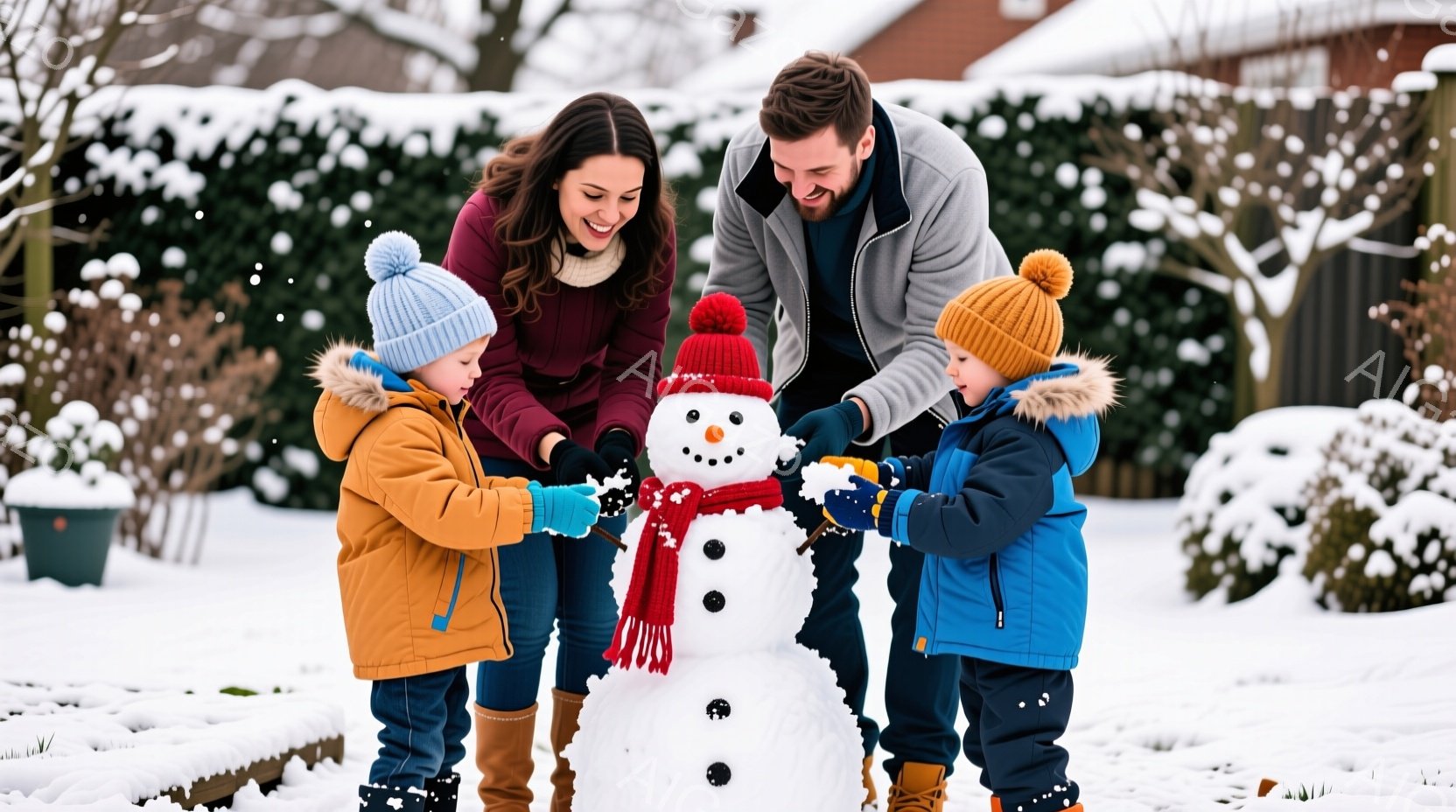 雪景色の中、家族が雪だるまを作っている様子が写っている。母親は茶色の長い髪で、赤いセーターを着て微笑んでいる。二人の子供はそれぞれ青とオレンジの防寒着を着て、雪だるまの顔に目や口を付けている。 - AI生成フリー素材