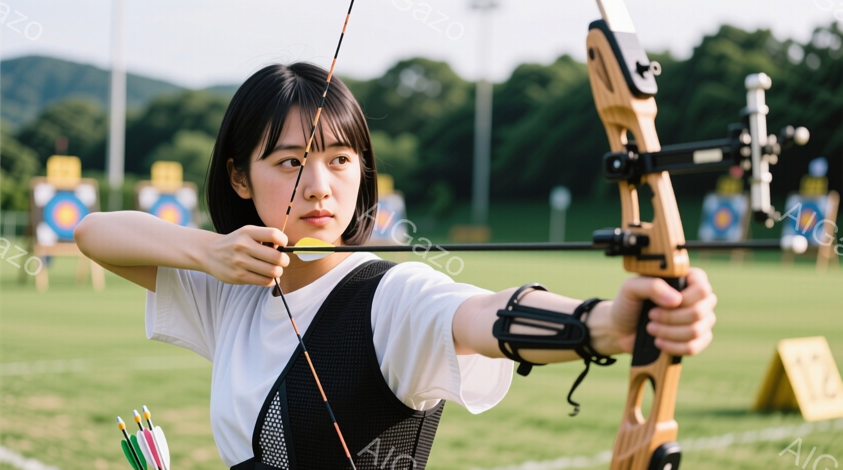 少女がアーチェリングをする。彼女は白のシャツと髪略、霧のような気持ちで矢を放つ。背景は空間に枠された野生動物を模した的を使用する。