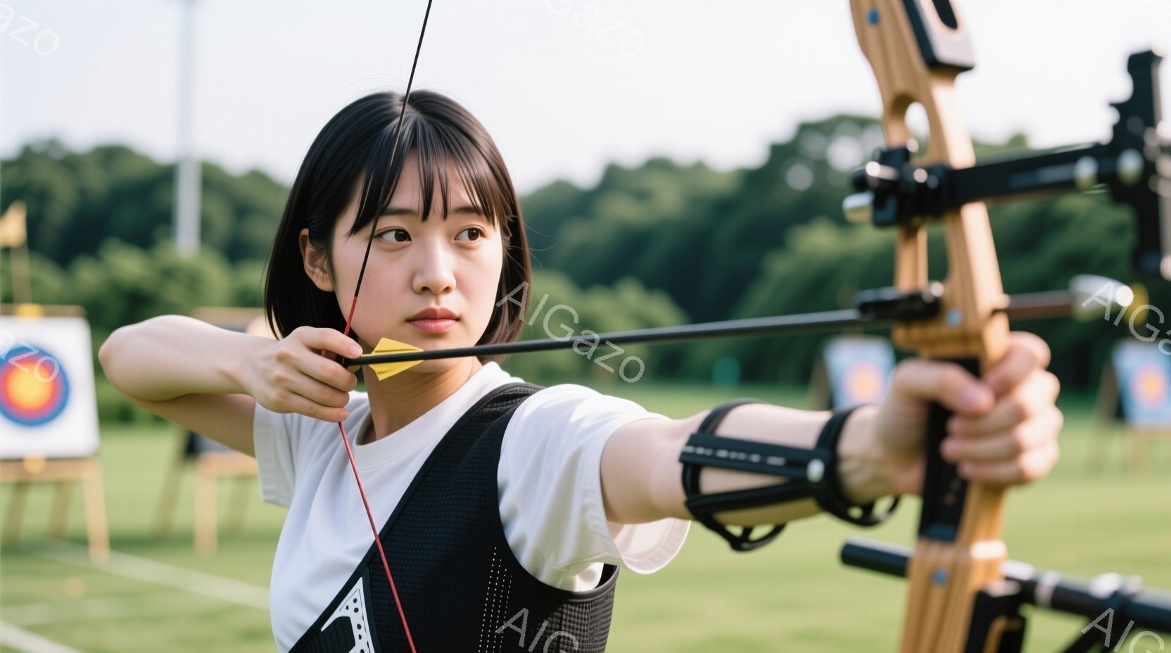 短い黒髪で、白いTシャツと黒のアーチェリーベストを着た若い女性が写っている。彼女は弓を引き、集中した表情でターゲットを見据えている。背景には緑の芝生とターゲット、そして遠くに見える建物や木々がぼやけて写り、晴れた日の屋外でのアーチェリーの練習風景を捉えている。