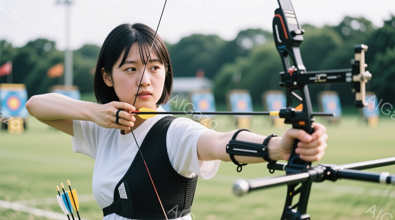 競技者は白いTシャツと黒のベストを着用し、髪を耳にかけるように下ろしています。彼女は弓を持ち、ターゲットに向けて射撃の構えを取っており、集中した表情をしています。背景には緑の芝生とターゲット、そして遠くに木々が見え、晴れた日の屋外競技の様子を表しています。