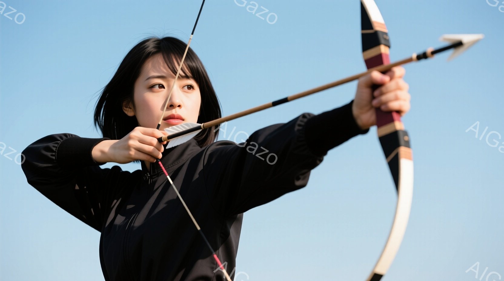 この女性は黒いジャケットを着て、弓を引き、矢を構えている。彼女は黒髪で、やや緊張した表情で前を見据えている。背景は青空で、自然の中でアーチェリーを楽しんでいる様子がうかがえる。