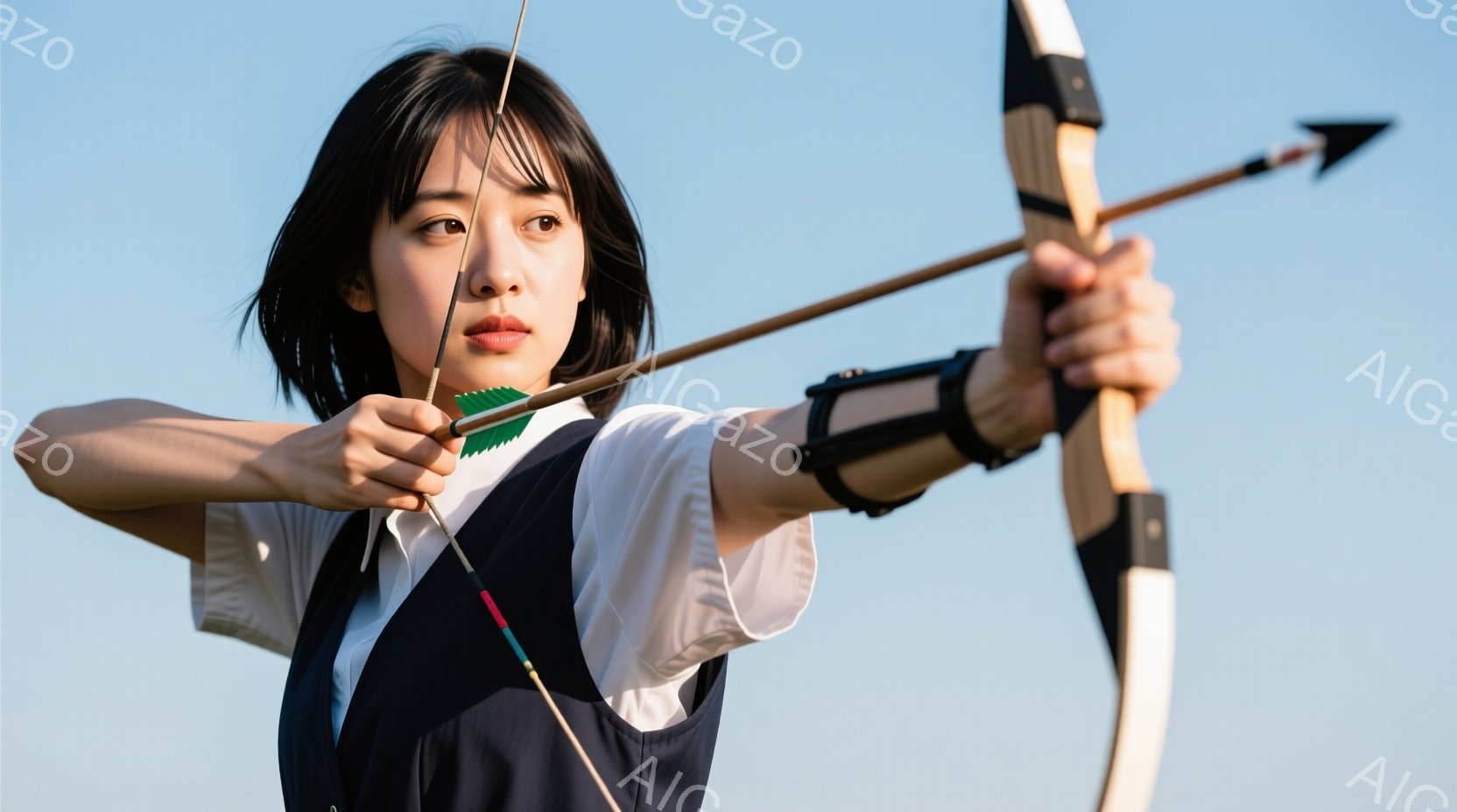 若い女性が弓を持ち、矢を引いているところを捉えた写真です。彼女は白いシャツにネイビーのベストを着用し、黒いリストバンドをしています。背景は青空で、彼女は緑の草木の中に立っているように見え、集中した表情で構えています。