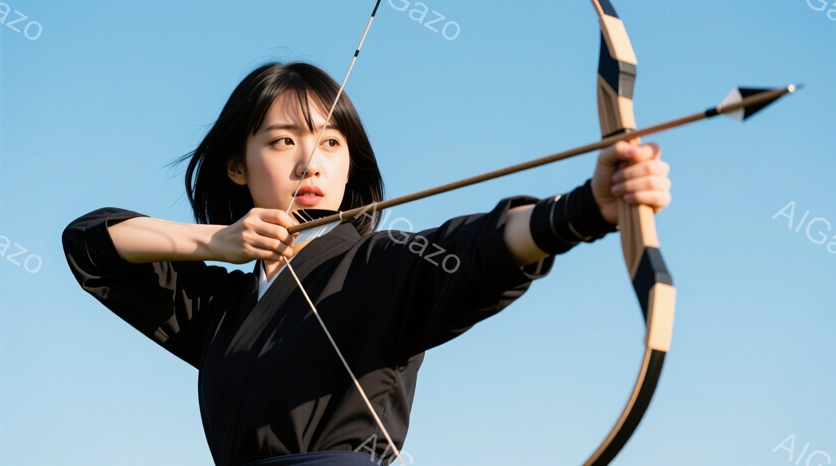 弓を構える女性が写っており、黒い着物のような服装で、髪は前髪を出し、後ろでまとめている。彼女は真剣な表情で、弓に矢をつがえようとしている構えを見せている。背景は晴れた青空で、彼女の姿が際立っている。