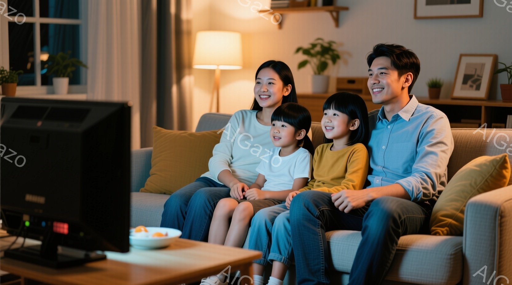 家族がソファに座ってテレビを見ています。母親は紫色のシャツを着て、髪は肩まで伸ばしています。二人の娘はそれぞれ黄色と白のシャツを着ており、父親は水色のシャツを着ています。