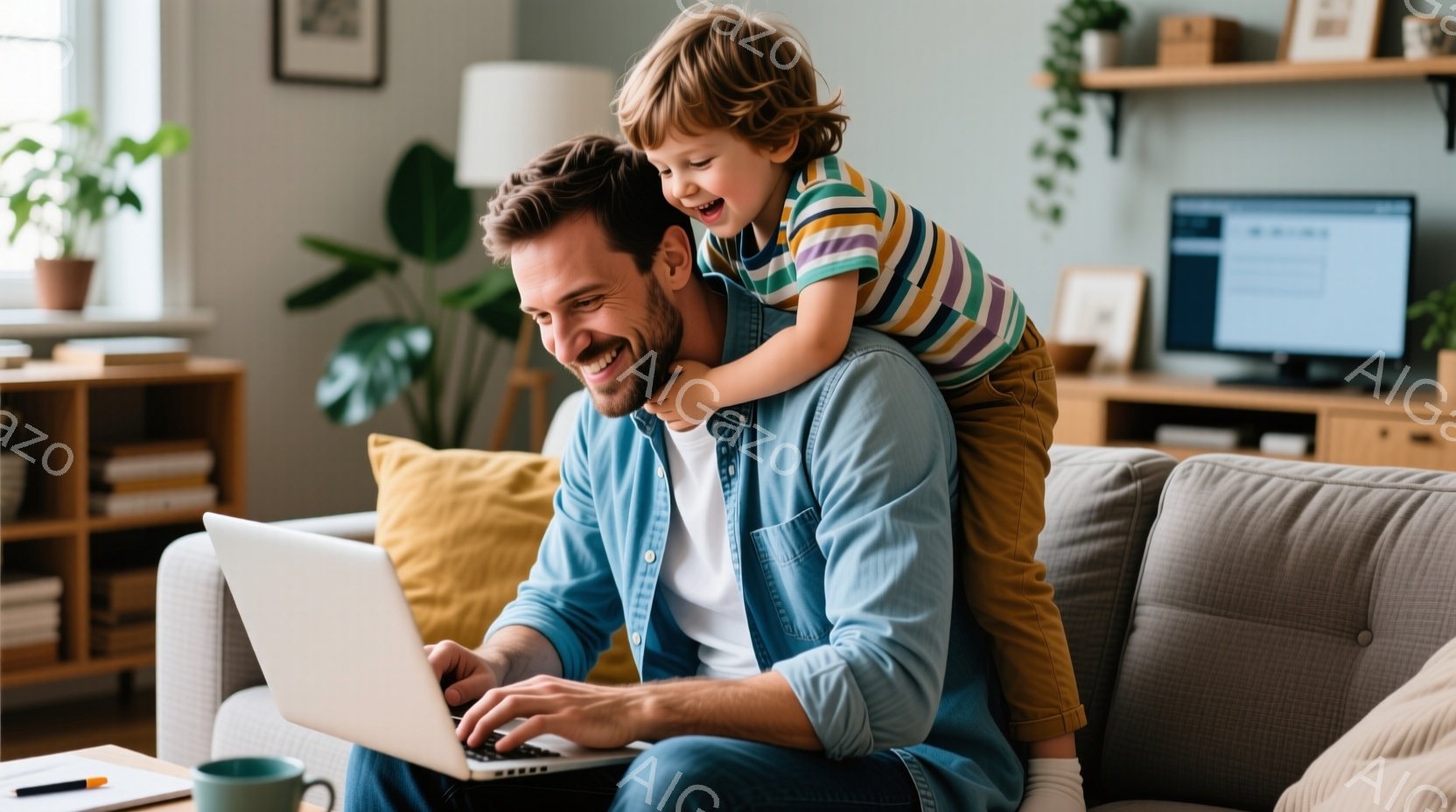 長い髪と髭を生やした男性が、リビングルームのソファに座ってノートパソコンを操作しています。彼は明るい青色のシャツを着ており、笑顔でキーボードを見つめています。彼の背中には幼い子供が乗っており、子供もま - AI生成フリー素材