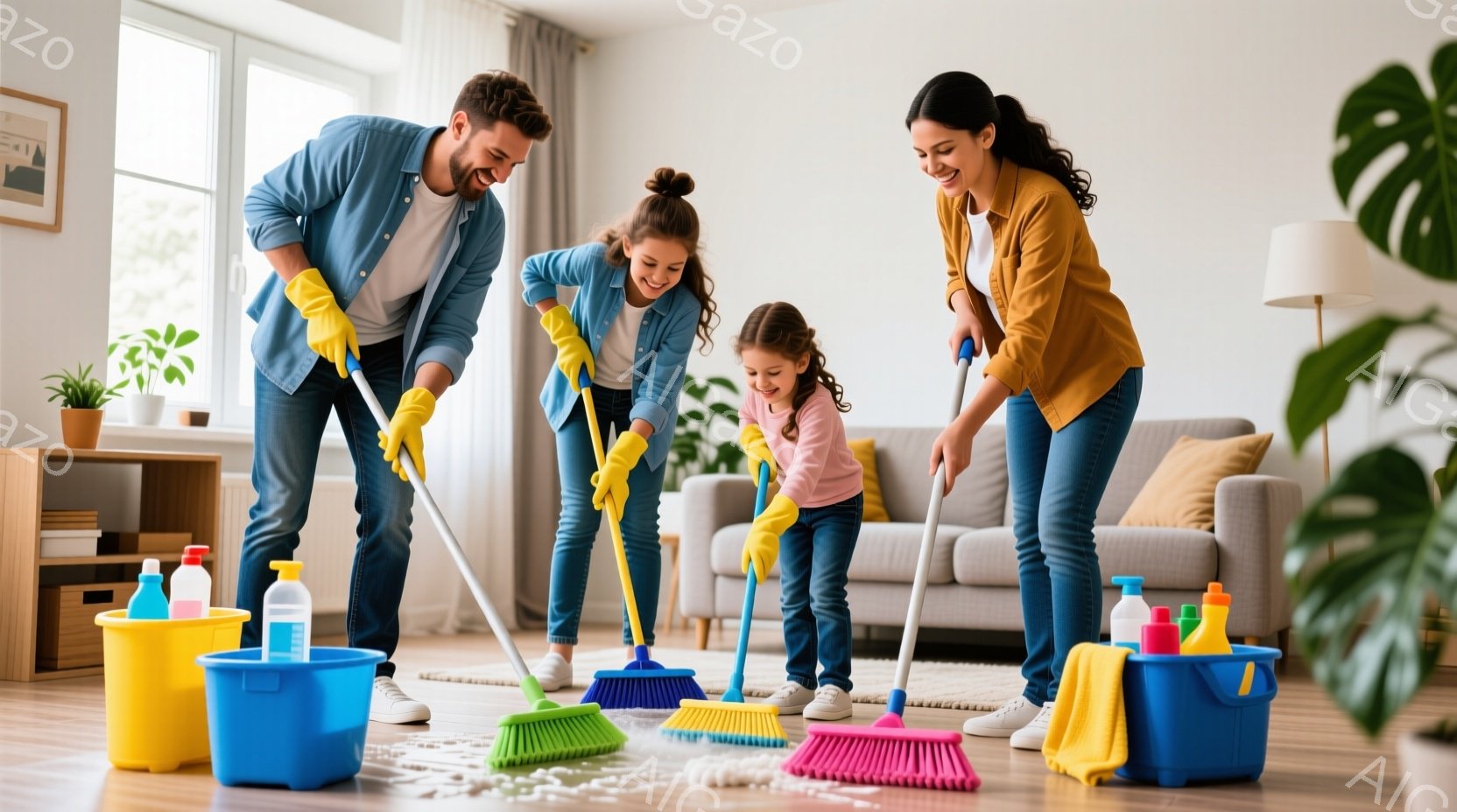 家族四人が明るいリビングで床掃除をしている様子が描かれています。父親は髭を生やし、青いシャツにジーンズ姿で、母親はオレンジ色のトップスとジーンズを着ています。子供たちはピンクと青のシャツを着ており、皆楽しそうにほうきで床を掃いています。