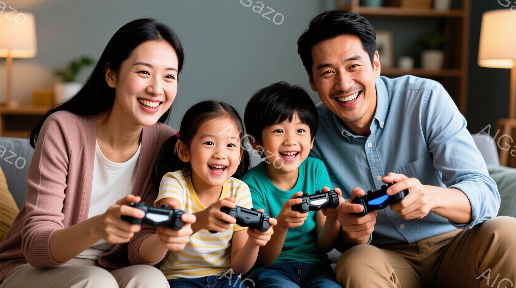 笑顔の女性と男性、そして二人の子供たちがリビングルームのソファに座り、ビデオゲームを楽しんでいる様子が写っている。女性はベージュのカーディガンと白いTシャツ、男性は水色のシャツ、子供たちはそれぞれ黄色と緑のTシャツを着ている。背景には植物や本棚が見え、家族の温かく幸せな雰囲気が伝わってくる。