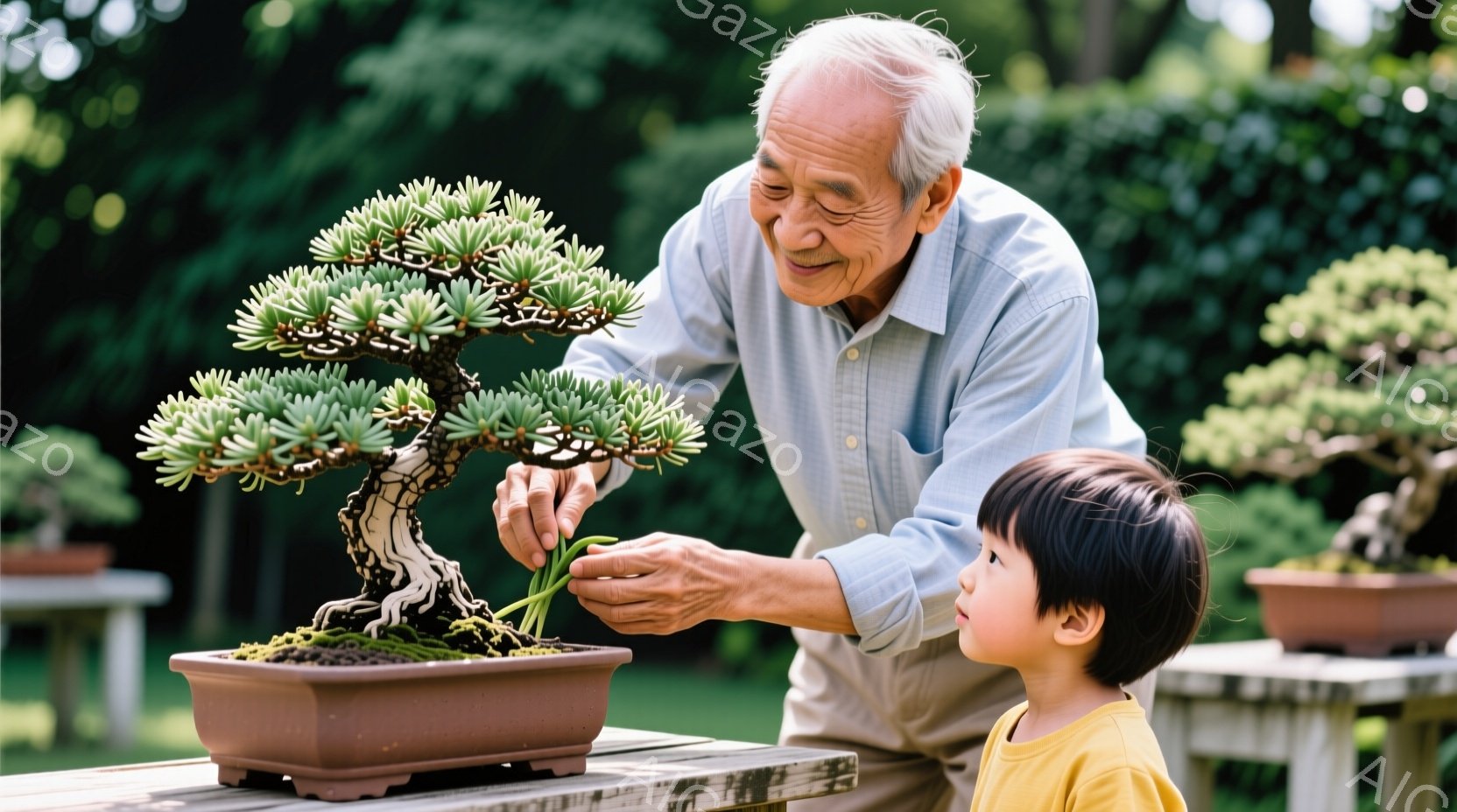 白髪の高齢男性が盆栽の手入れをしており、集中した表情で小さな枝を摘んでいます。少年は黄色いシャツを着て、盆栽を興味深そうに見つめています。背景には緑豊かな庭と他の盆栽が置かれたテーブルが見え、穏やかで教育的な雰囲気が漂っています。
