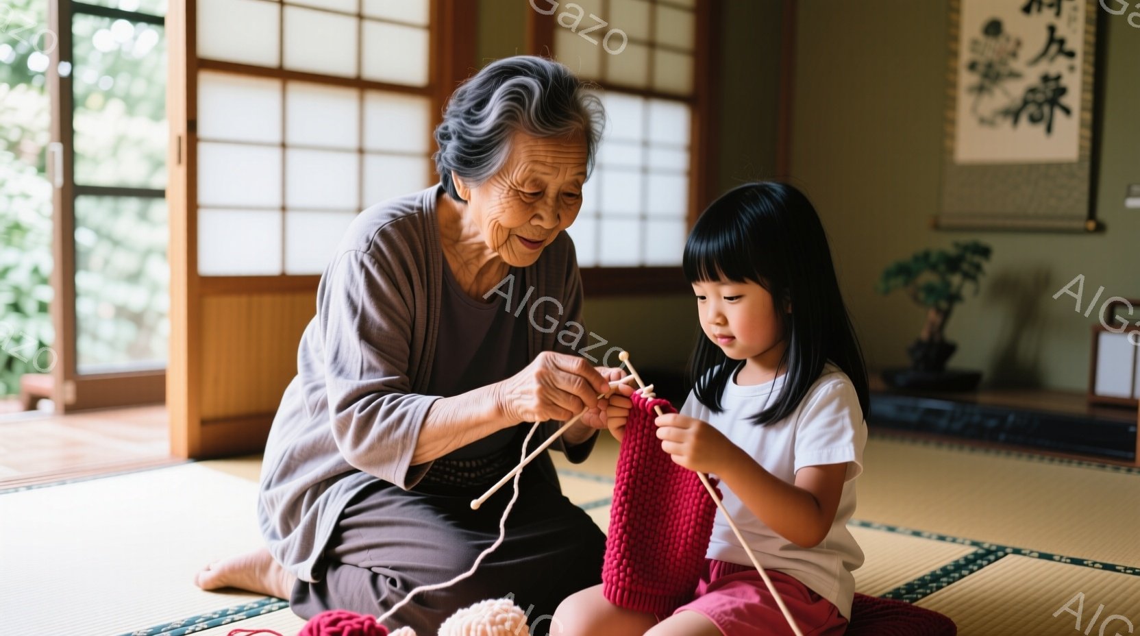 白髪の高齢の女性が、ピンク色のクッションの上に座った若い女の子に編み物を教えています。女性は薄いグレーの長袖シャツを着ており、女の子は白いTシャツとピンク色の短いズボンを着ています。畳の部屋には、日本の書道作品が飾られており、背景には緑豊かな植物が見えます。