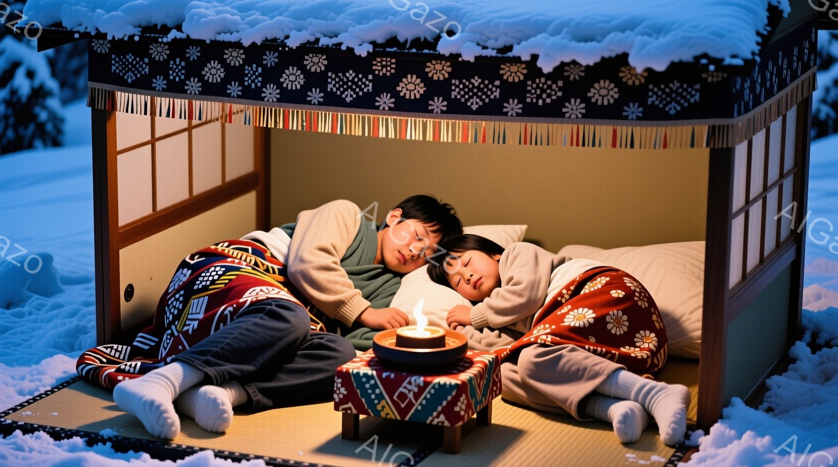 雪景色の中に置かれた伝統的な日本の家屋の一室で、幼い男女が寄り添って眠っている。子供たちはカラフルな模様の暖かいパジャマを身に着け、白い靴下を履いて畳の上に横たわり、穏やかな表情で眠っている。小さなテ - AI生成フリー素材