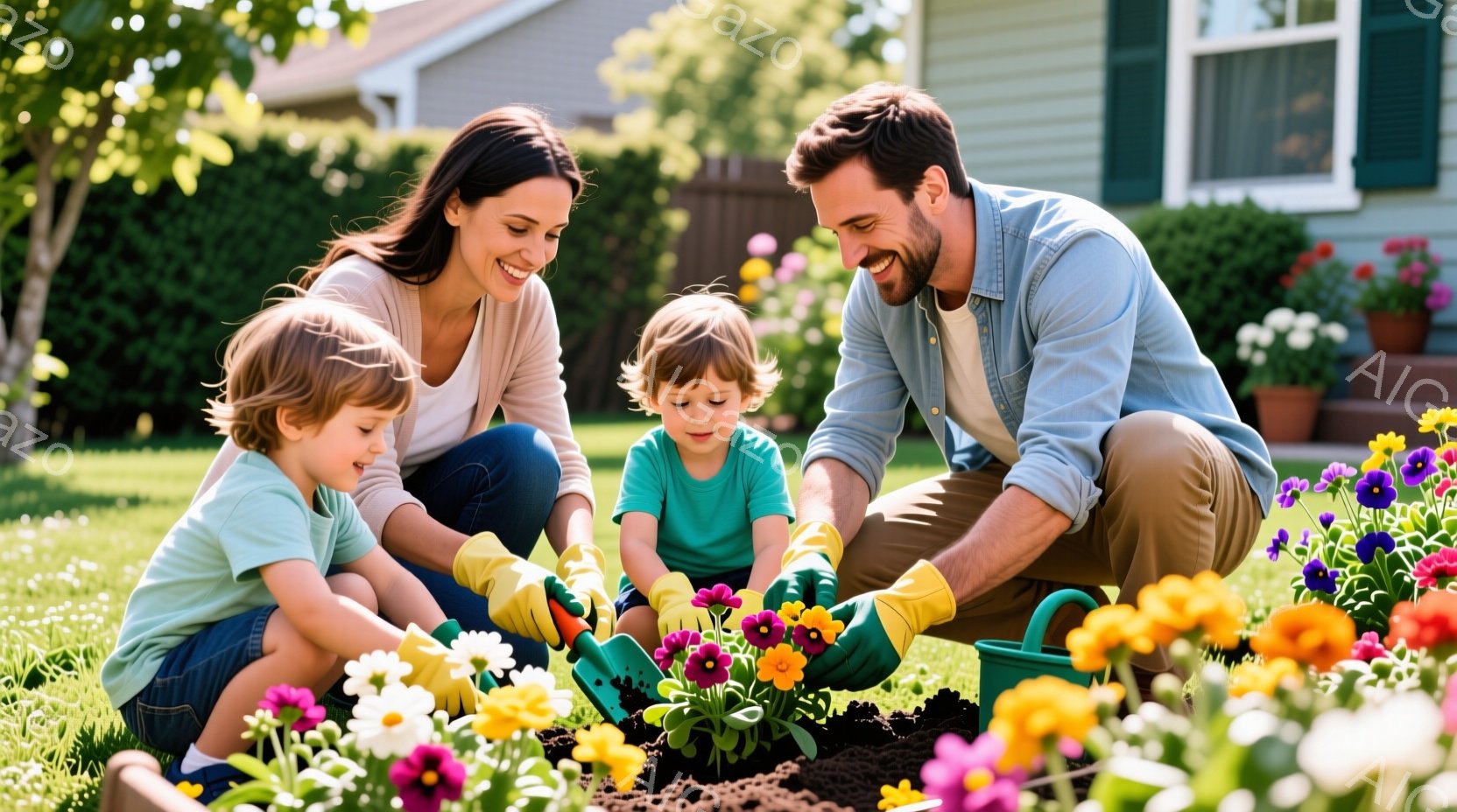 庭で花を植える家族が写っている。母親は茶色の長い髪で、青いジーンズとグレーのセーターを着て、息子と一緒に花壇の土を掘っている。父親は黒髪で、濃い青いシャツとベージュ色のズボンを着て、別の息子に花の植え方を教えている。