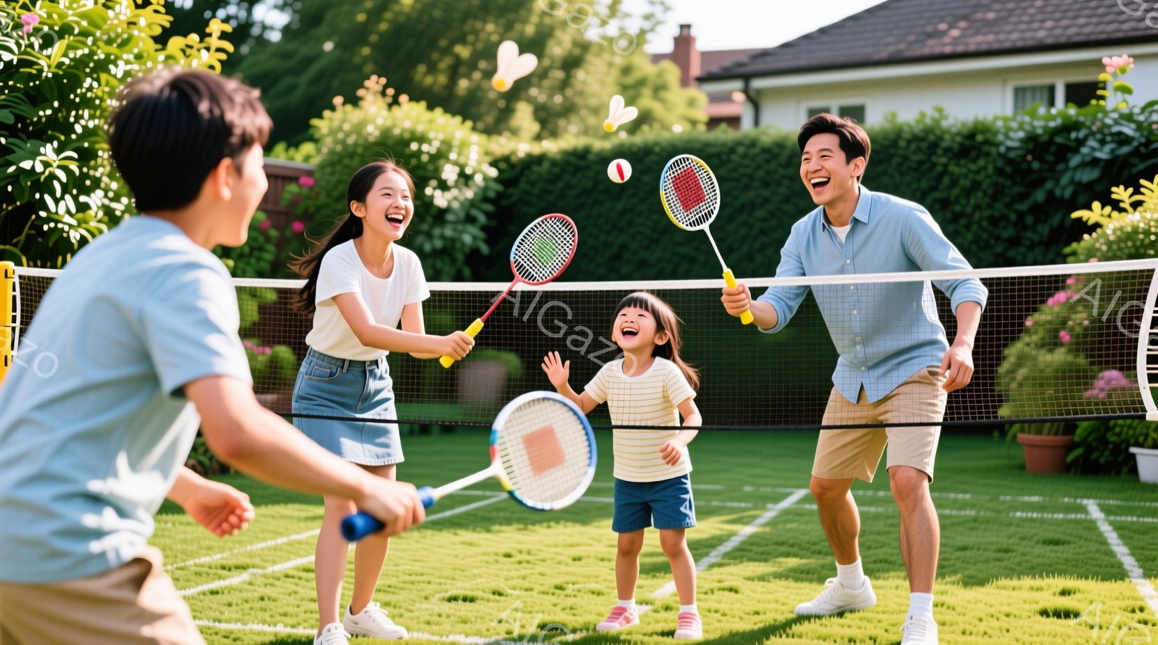 ファミリーが楽しむテニスゲームシーン。子供たちはラケットを持って、成人と一緒に笑顔でポジティブな気分。背景は温かい季節の日中、明るく暖かい空気が感じられる。