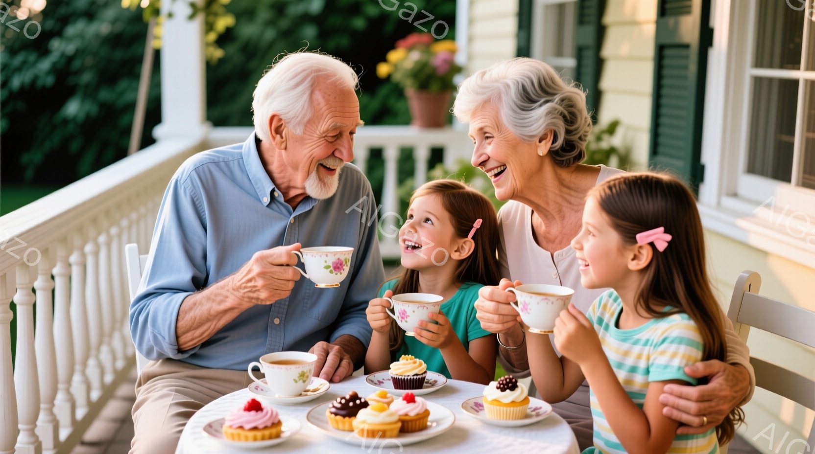 白髪の老紳士と老婦人が、小さな女の子二人と共に庭のテーブルでティーパーティーを楽しんでいる。紳士は水色のシャツを着ており、老婦人はグレーのトップス、女の子たちはカラフルなTシャツを着ている。背景には白 - AI生成フリー素材