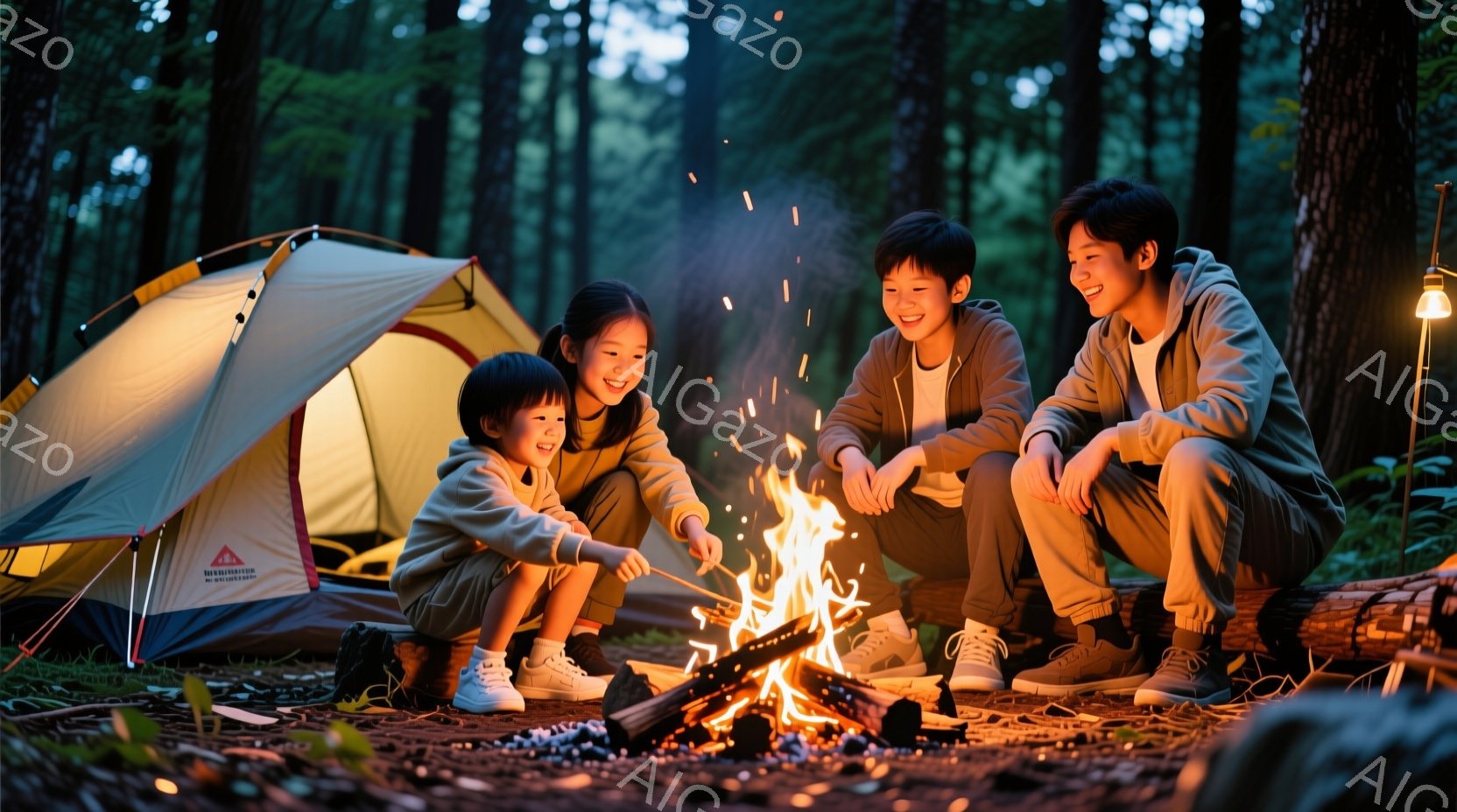 キャンプファイヤーを囲んで笑う家族が写っています。母親と息子は座って、小さな女の子はしゃがみ、皆オレンジ色の暖かい服装をしています。背景には木が生い茂り、テントが設置されており、暖かく幸せな雰囲気が漂 - AI生成フリー素材