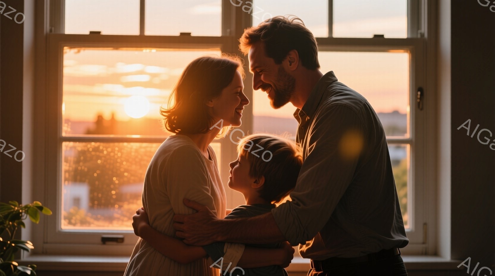 夕暮れ時の窓辺で、母親、父親、そして子供が寄り添って抱き合っている様子が捉えられている。母親は薄い色のシャツを着ており、髪を後ろにまとめている。父親はシャツとズボンを着用しており、子供を両腕で包み込むように抱きしめ、家族三人は幸せそうな微笑みを浮かべている。