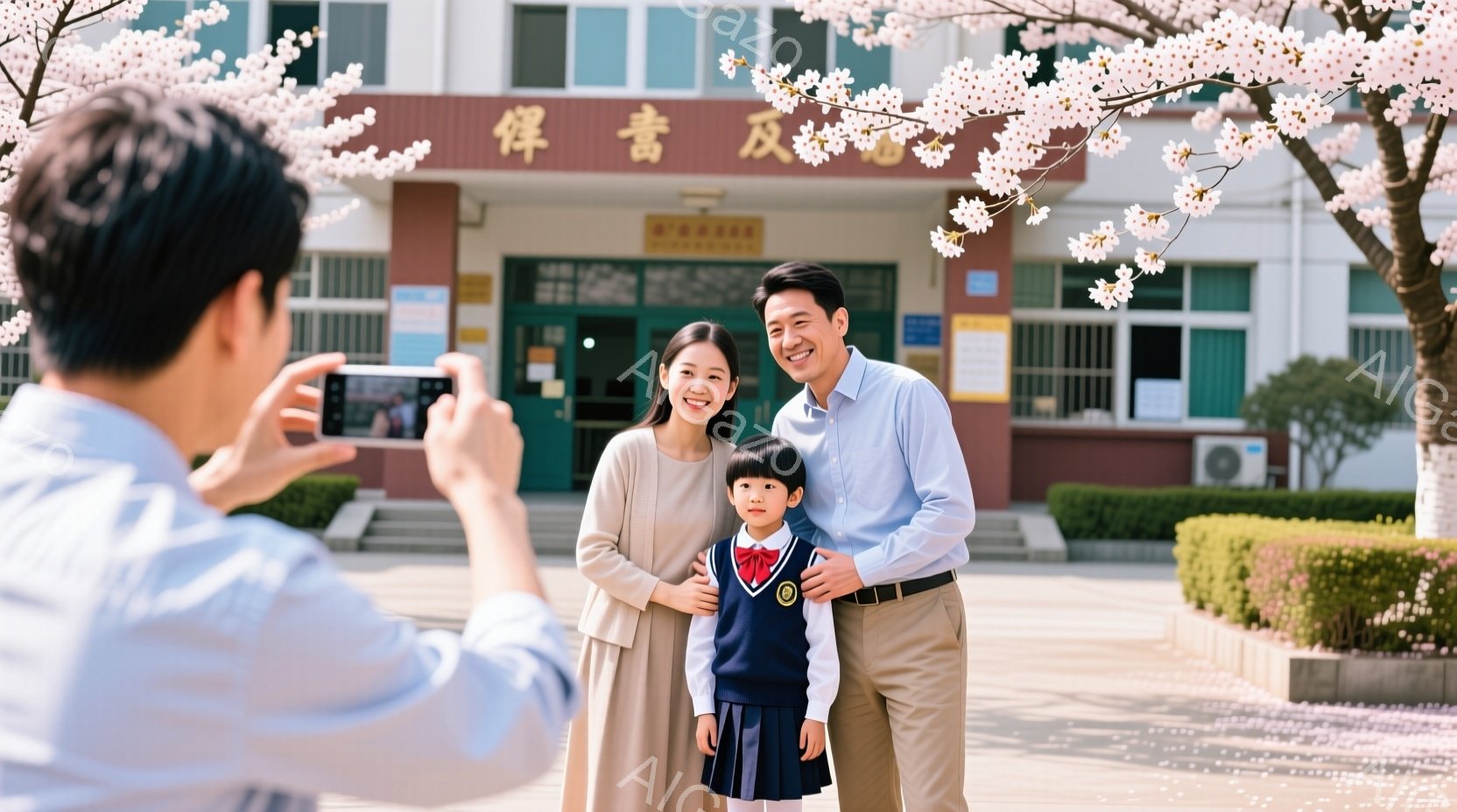 学校の背景で、制服を着た幼い女の子とその両親が写っています。母親は明るい色のワンピース、父親はシャツとズボンを着用しており、皆笑顔でカメラに向かってポーズを取っています。背景には学校の建物と桜並木があり、晴れた日の温かい雰囲気が伝わってきます。