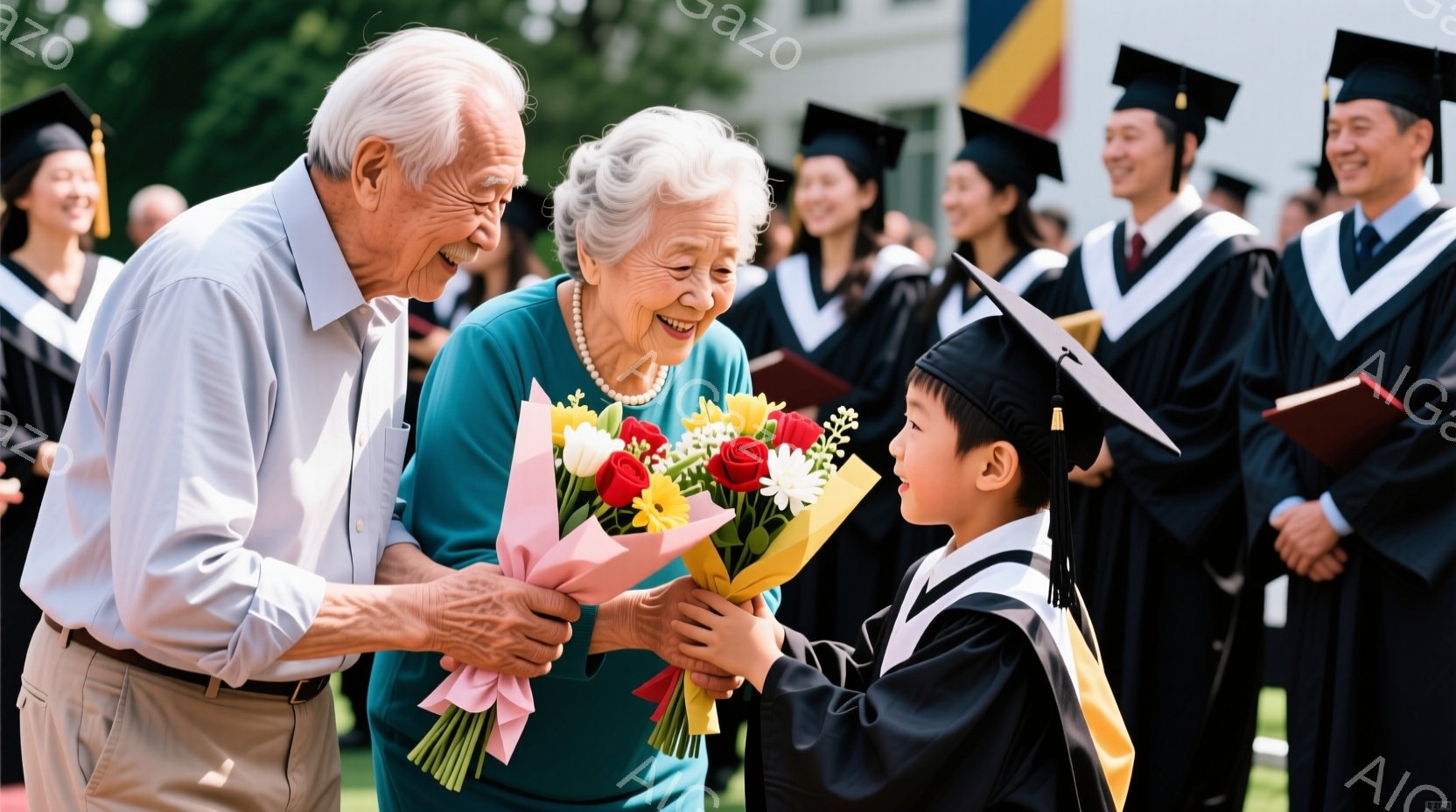 卒業式と思われる屋外で、高齢の夫婦が幼い卒業生に花束を受け渡している場面だ。夫婦はそれぞれ明るい色のシャツとワンピースを着ており、微笑みを浮かべている。背景には、黒いガウンと帽子を着用した多くの学生が並び、晴天の下、祝福の雰囲気が漂っている。
