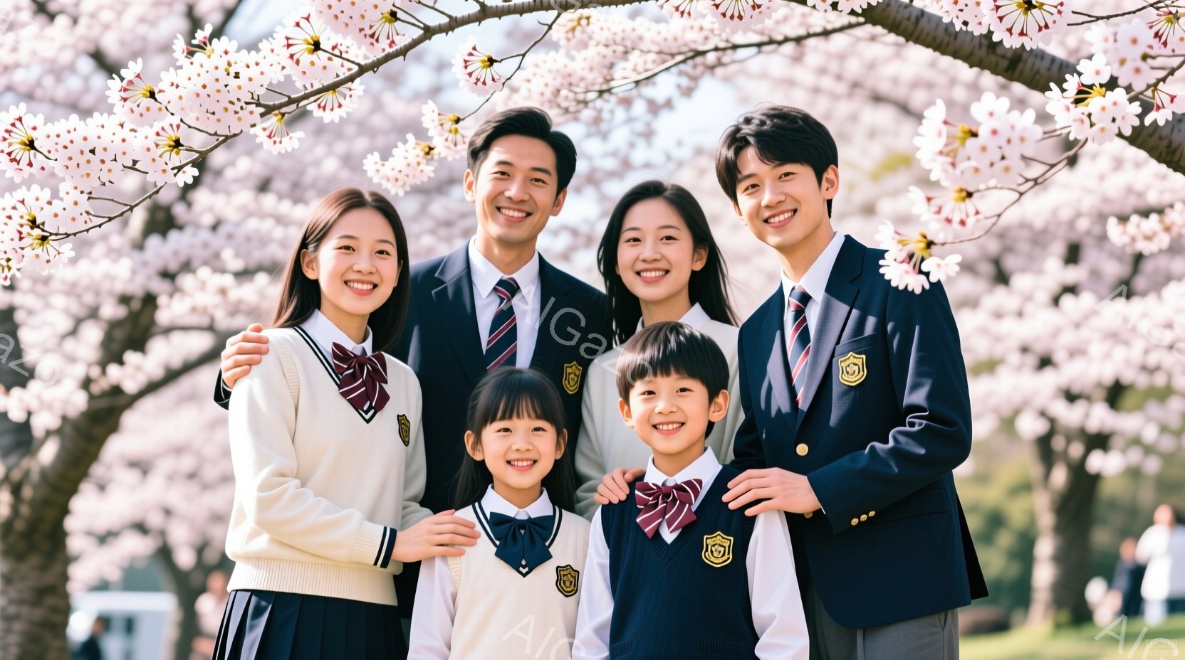 桜の花びらが舞う中、制服を着た家族五人が寄り添って笑顔で立っています。彼らは皆、紺色のブレザーに白いシャツ、赤いネクタイ、チェックのスカートまたはズボンを着用し、整った髪型で、明るく幸せな表情を浮かべ - AI生成フリー素材