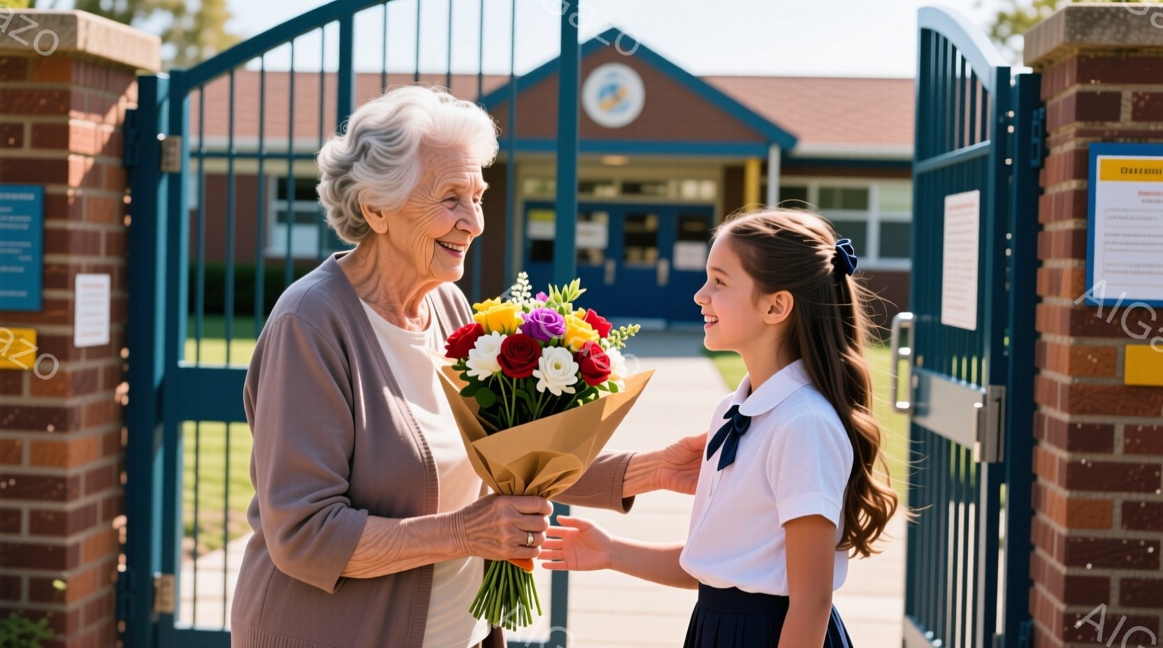 白髪の老婦人が、色とりどりの花束を少女に渡そうとしています。少女は制服姿で笑顔を見せ、花束を受け取ろうと手を伸ばしています。背景にはレンガ造りの建物とゲートがあり、晴れた日差しが降り注ぎ、温かい雰囲気が漂っています。