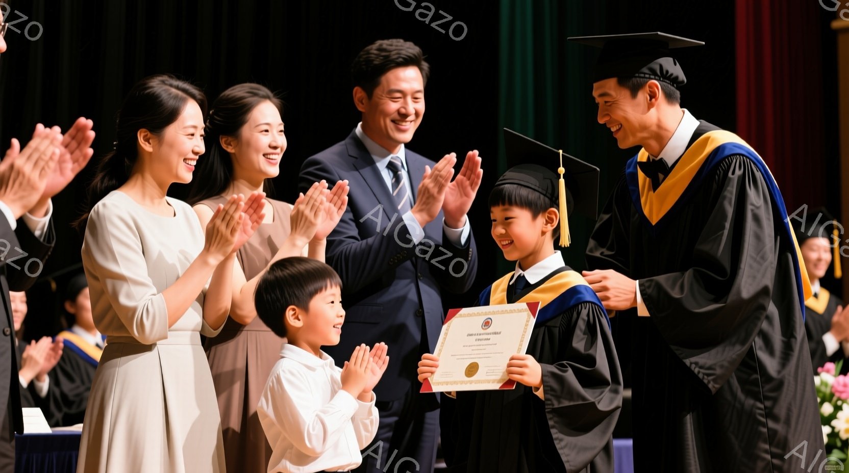 卒業式のような式典で、男の子が父親と母親に卒業証書を受け取っている様子が写っている。男の子は黒い学士服に身を包み、両親はそれぞれフォーマルな服装で、嬉しそうに拍手をしている。背景には他の参加者がおり、全体的に喜びと祝福に満ちた温かい雰囲気が漂っている。
