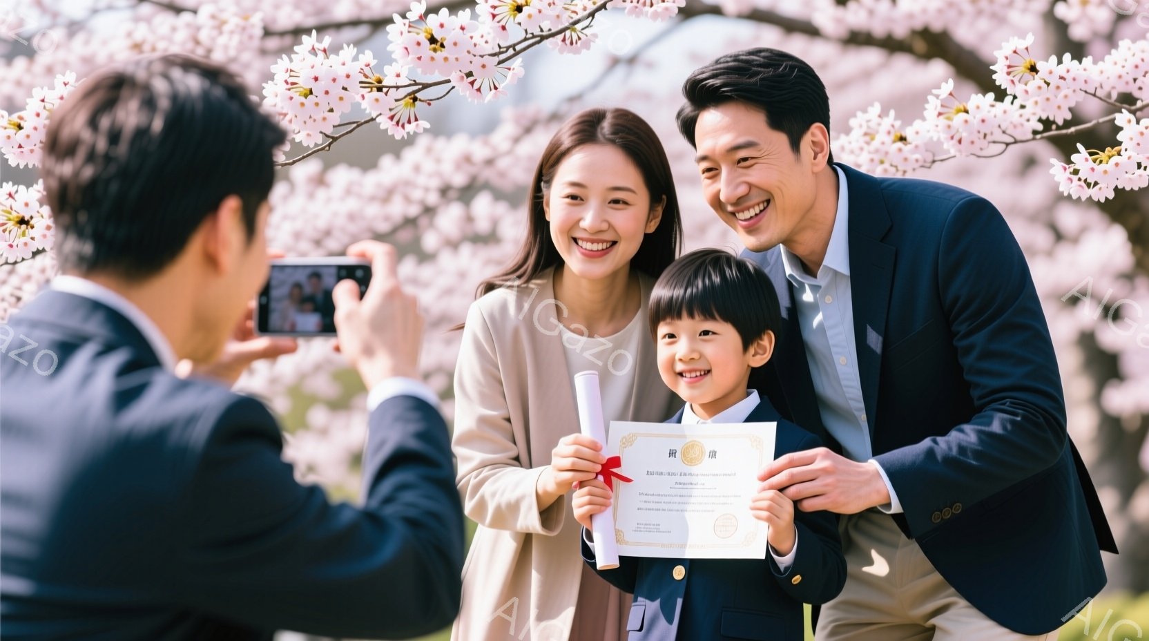 桜並木の下で、男の子とその両親が笑顔でカメラに向かっている。父親は紺色のスーツ、母親は白いワンピース、男の子は紺色の制服に赤いリボンをつけており、男の子は母親から卒業証書を受け取っている。背景には満開の桜が咲き誇り、春の暖かな陽気を感じさせる、幸せな家族の瞬間が切り取られている。