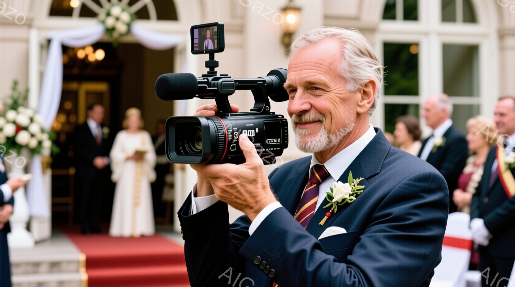白髪の男性がビデオカメラを構え、撮影に集中しています。紺色のスーツに赤いネクタイ、襟元には白い花飾りをつけており、表情は真剣そのものです。背景には豪華な建物が見え、赤いカーペットが敷かれ、お祝いの雰囲気が漂っています。