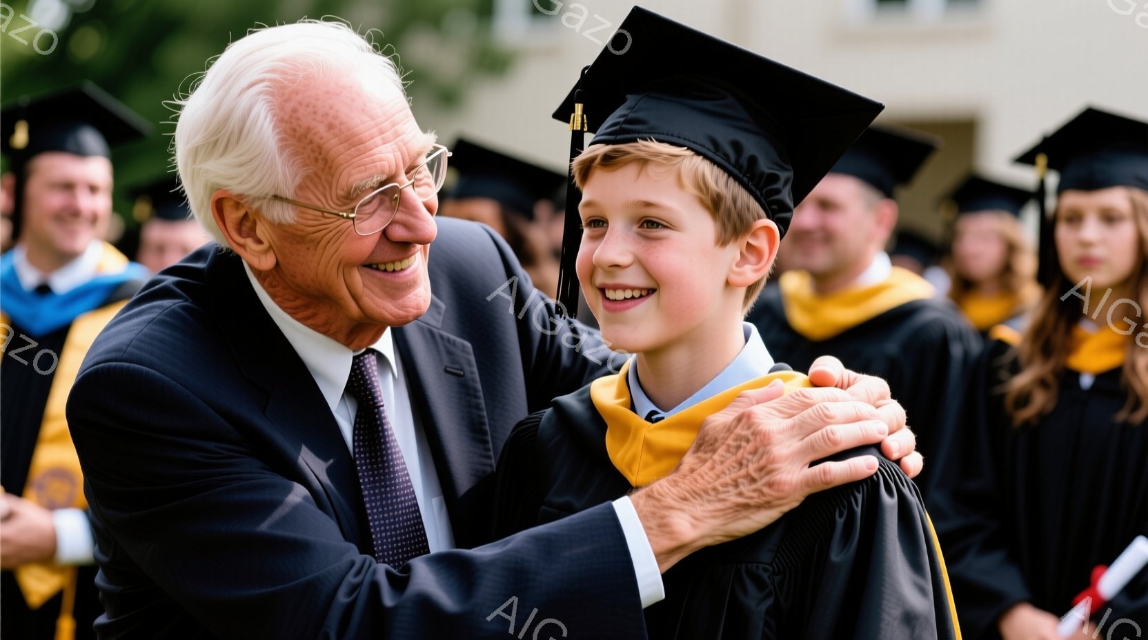 卒業式と思われる屋外で、高齢の男性が若い卒業生と抱き合っている様子が写っている。男性は紺色のスーツにネクタイ、卒業生は黒いガウンと学士帽を着用し、顔には満面の笑みが浮かんでいる。背景には他の卒業生や建物が見え、晴天で明るい雰囲気を感じさせる。