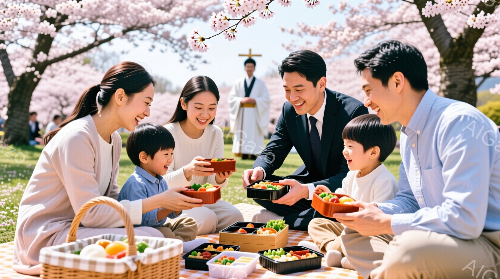 桜並木の芝生の上でピクニックを楽しんでいる家族の様子が描かれています。母親はベージュ色のニット、父親は紺色のスーツ、二人の子供たちは白いシャツとベージュ色のズボンを着用しており、皆笑顔で手には弁当箱を持っています。背景には満開の桜並木と、遠くに見える白い建物があり、穏やかで幸せな春の雰囲気が漂っています。