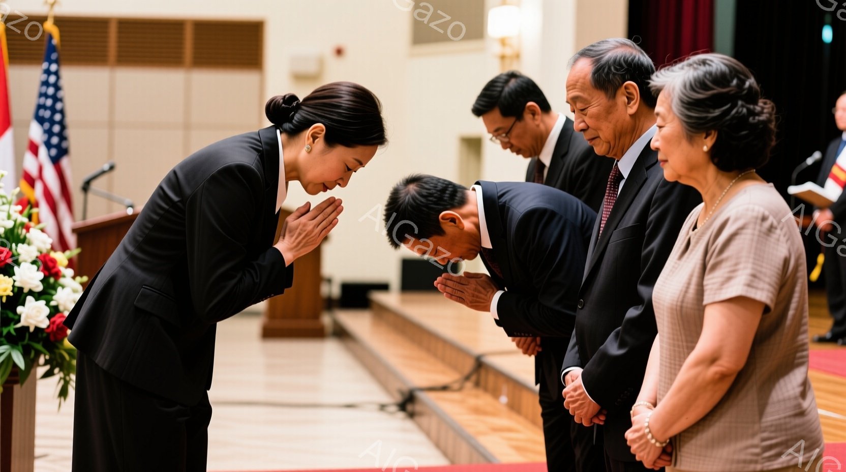 数人の人物が深いお辞儀をしている様子が写っています。全員がフォーマルな服装で、女性は黒いスーツ、男性は黒いスーツとネクタイを着用しています。背景には木製の床と、アメリカと日本の国旗が見え、儀式や公式行事が行われている場であることを示唆しています。
