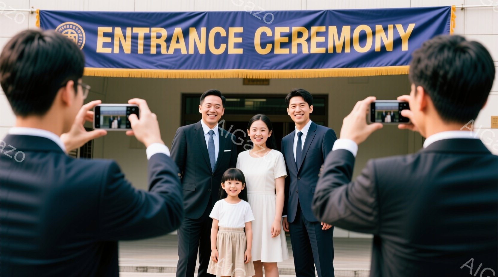 鮮やかな青色の「ENTRANCE CEREMONY」と書かれたバナーの下で、若い夫婦と幼い娘が写っています。夫婦はそれぞれ黒のスーツと白いシャツを着用し、笑顔でカメラに向かってポーズをとっています。娘 - AI生成フリー素材