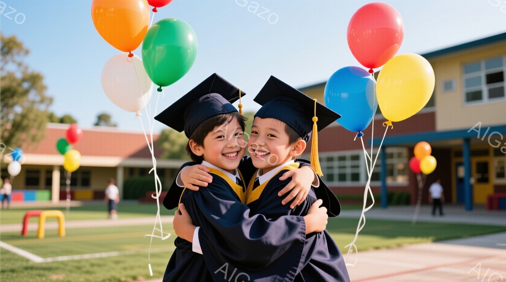 卒業式を迎えた二人の幼い子供が、お互いを抱きしめ、満面の笑みを浮かべています。黒いガウンと帽子を身につけ、背景にはカラフルな風船が浮かび、明るい晴天の下、学校の建物が見えます。全体的に、喜びと達成感に満ちた、温かい雰囲気が漂っています。