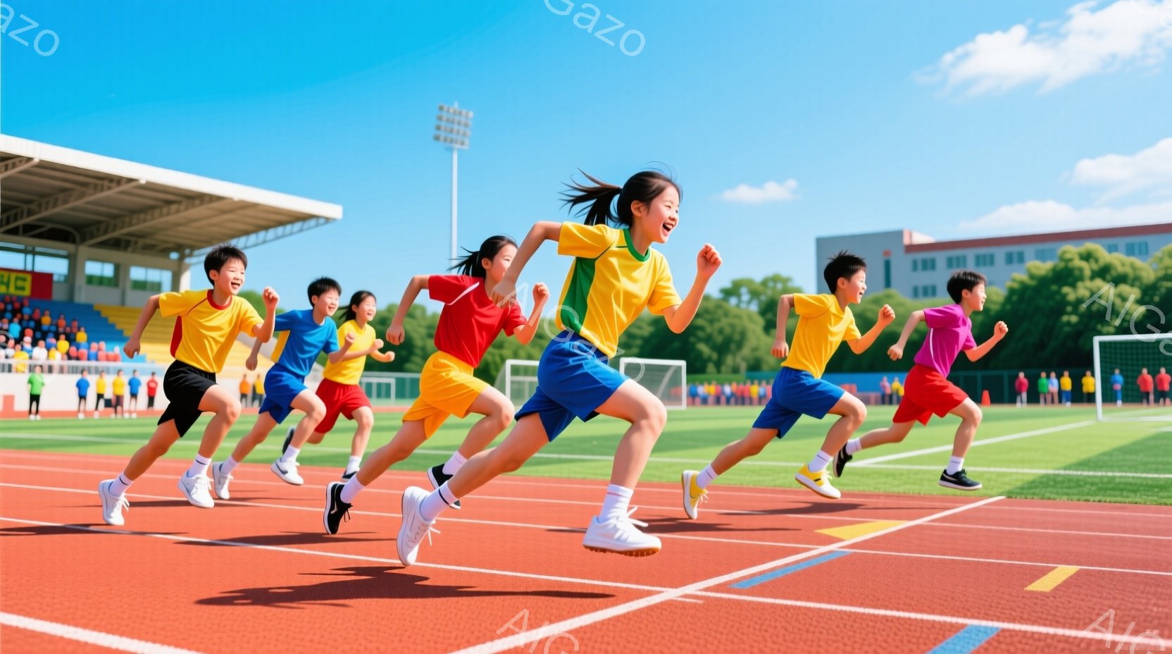 複数の子どもたちがトラックを全力で走っている様子が写っています。鮮やかな青、オレンジ、黄色のスポーツウェアを身につけ、顔には力強い表情が見られ、特に先頭を走る女の子は笑顔で、活気に満ちた雰囲気です。背 - AI生成フリー素材