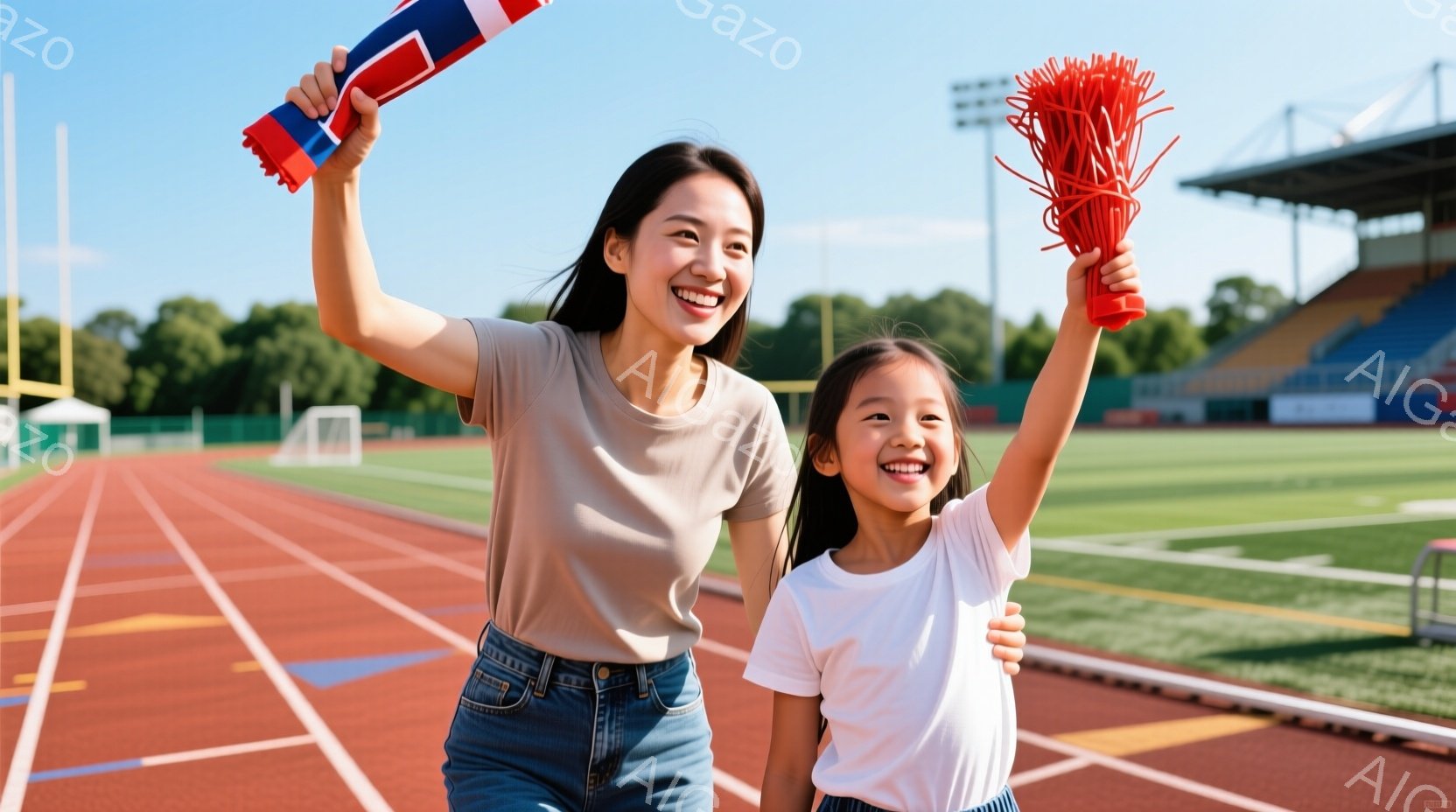競技場のトラック上に、母親と娘が立っている。母親はベージュ色のTシャツとジーンズ姿で、娘は白いTシャツを着ている。二人はそれぞれ赤いポンポンを持っており、満面の笑みを浮かべていることから、試合の応援をしている様子が伺える。