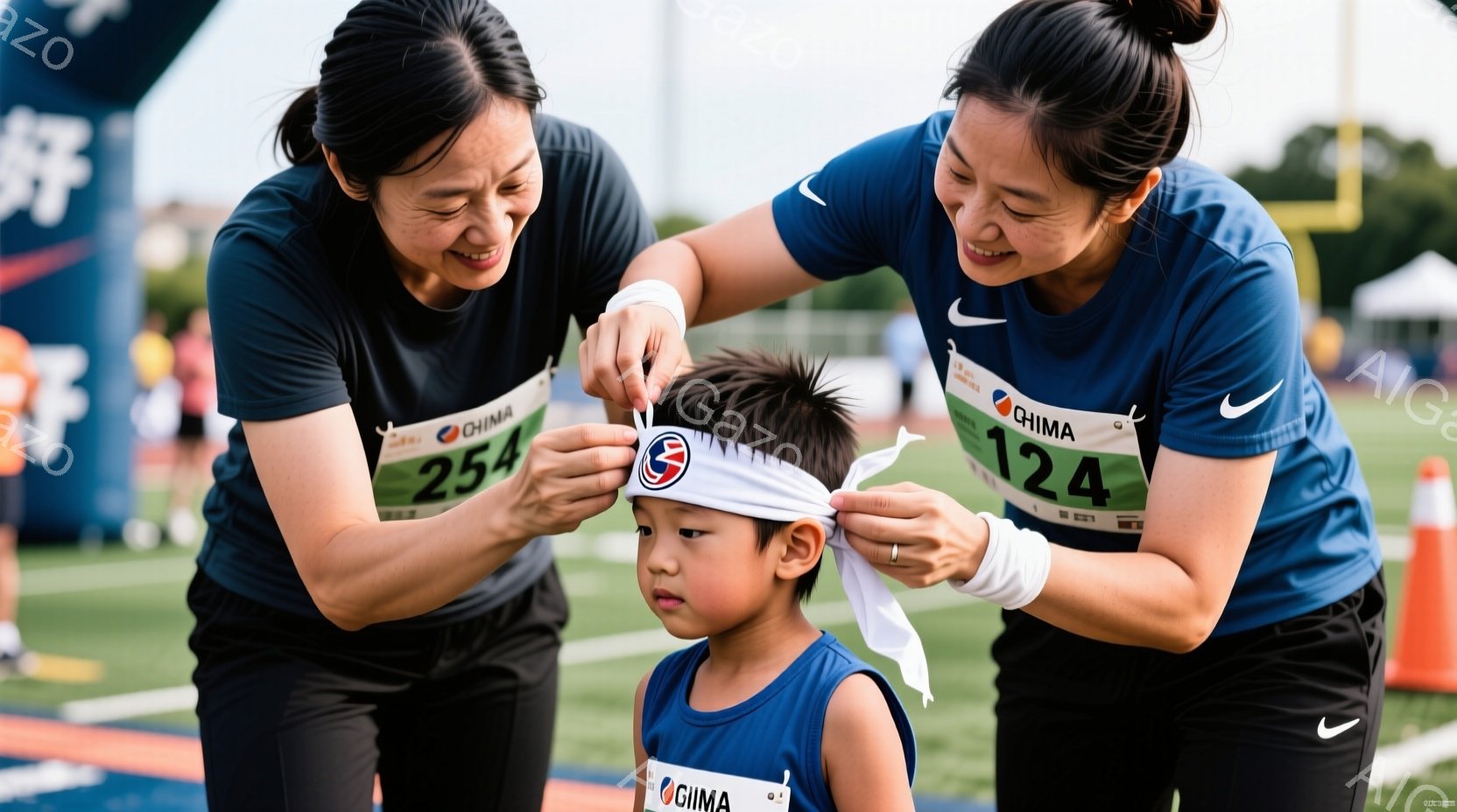 幼い男の子が競技のために白いヘッドバンドを付けられている様子が写っている。女性は青いTシャツと黒いパンツを着用し、男の子は青いタンクトップと黒いショーツを着用している。背景には緑の芝生と、ぼやけた建物 - AI生成フリー素材