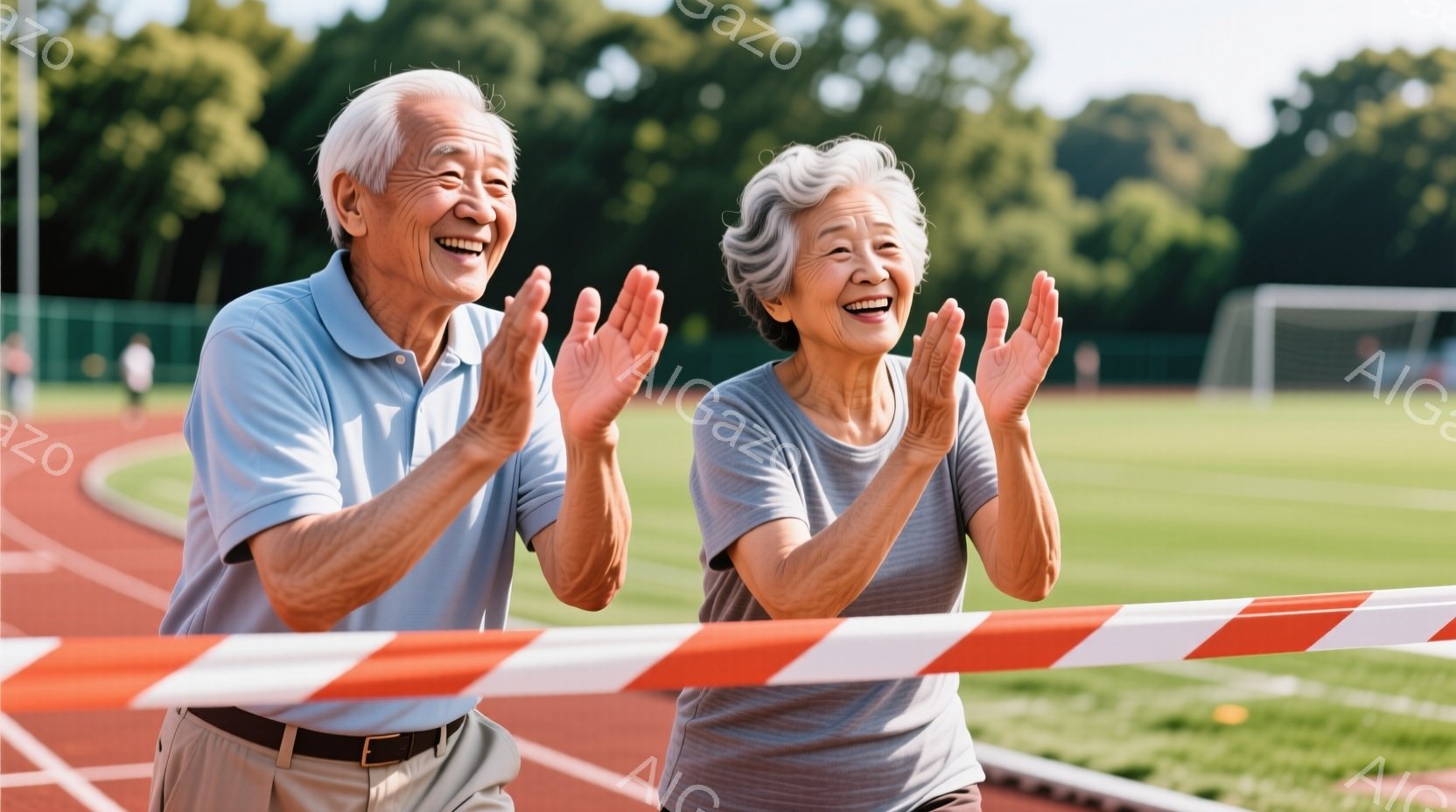 白髪の高齢の夫婦が、赤いテープが張られたトラックの前に立って、両手を叩いて喜んでいます。男性は水色のポロシャツとベージュのズボン、女性はグレーのTシャツと黒いズボンを着用しており、明るい笑顔を見せています。背景には緑の芝生、トラック、そして遠くに見える建物と木々があり、晴れた日の屋外イベントのような雰囲気です。