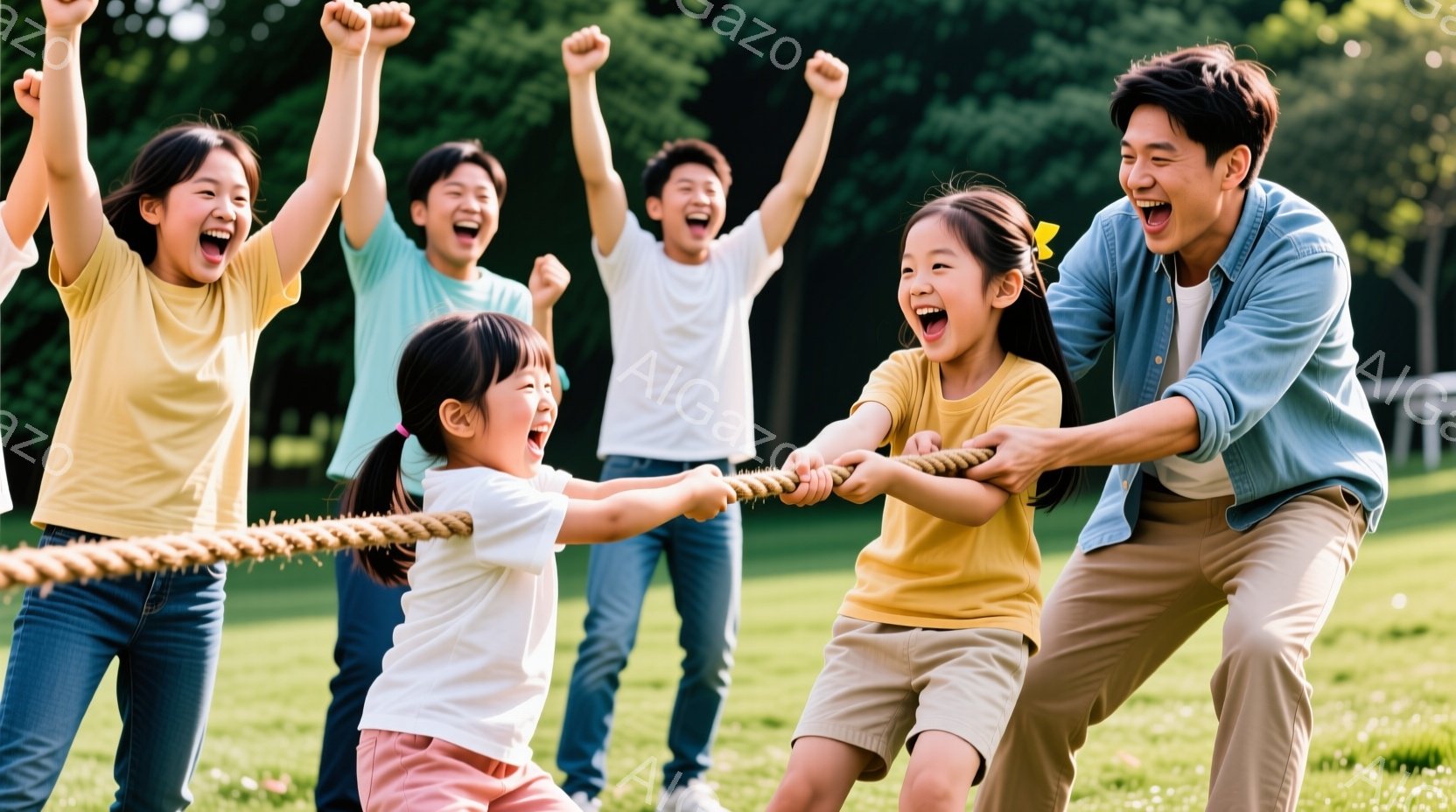 晴れた日の公園で、３人の子供と１人の大人が綱引きをしている様子が写っています。子供たちはそれぞれ明るい色のTシャツとショートパンツまたはジーンズを着用し、髪は後ろで結ばれています。皆、顔をしかめ、力を - AI生成フリー素材