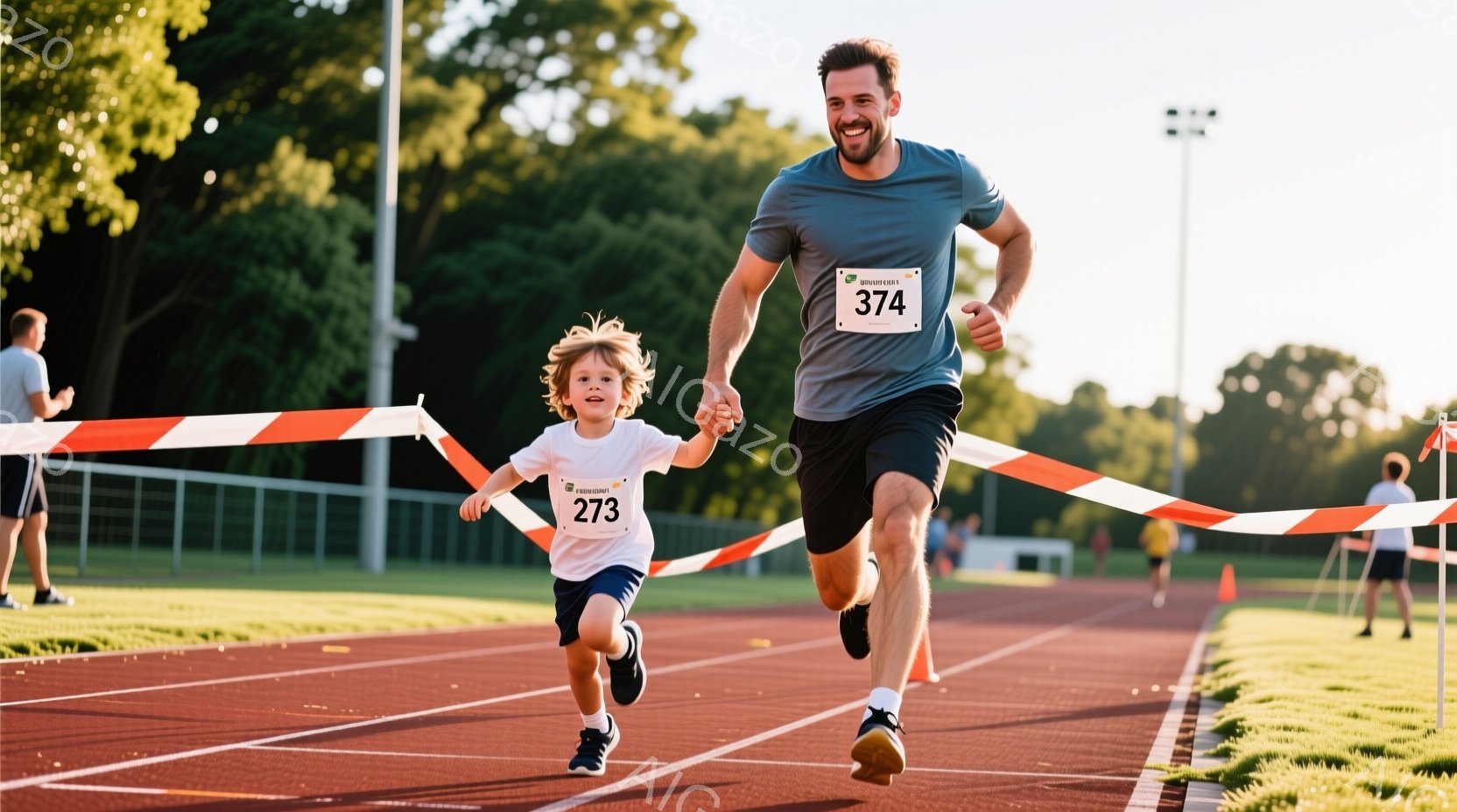 競技トラックを男の子と大人が手をつないで走っている様子が写っています。男の子は金髪で白いTシャツと短いズボン、大人は黒いTシャツと黒い短パン姿で、それぞれ胸に数字が書かれたゼッケンをつけています。背景には緑の木々や建物が見え、晴天で明るい雰囲気です。