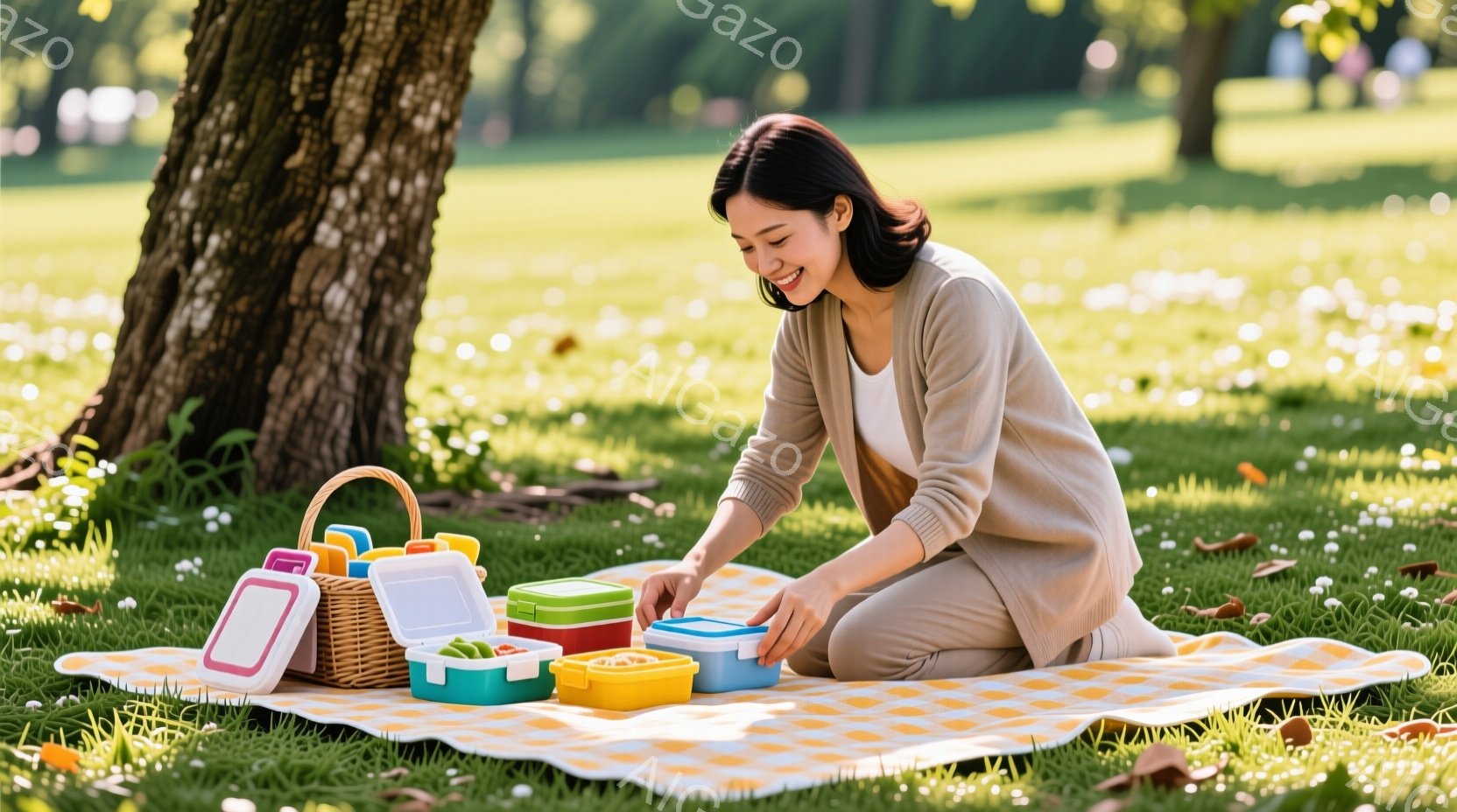 明るい緑の芝生の上に、女性がピクニックを楽しんでいる様子が写っています。ベージュのセーターを着て、髪を後ろでまとめている彼女は、笑顔で弁当箱の中身を確認しています。背景には木々が生い茂り、晴れた日の穏 - AI生成フリー素材