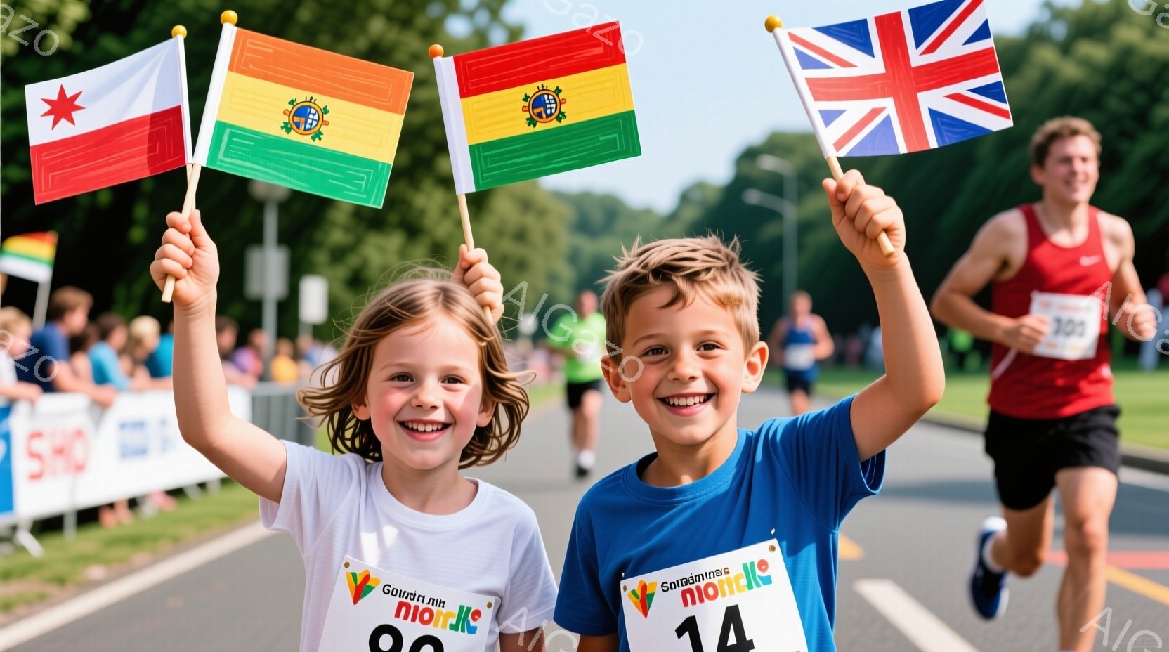 少女と少年がそれぞれ旗を持ち、笑顔でカメラに向かって手を振っています。二人はマラソン大会のコース脇に立ち、白いTシャツに「nionke」と書かれたビブ番号をつけています。背景には他のランナーが走り、緑豊かな木々と晴れた空が広がっており、活気のある競技会の雰囲気が伝わってきます。